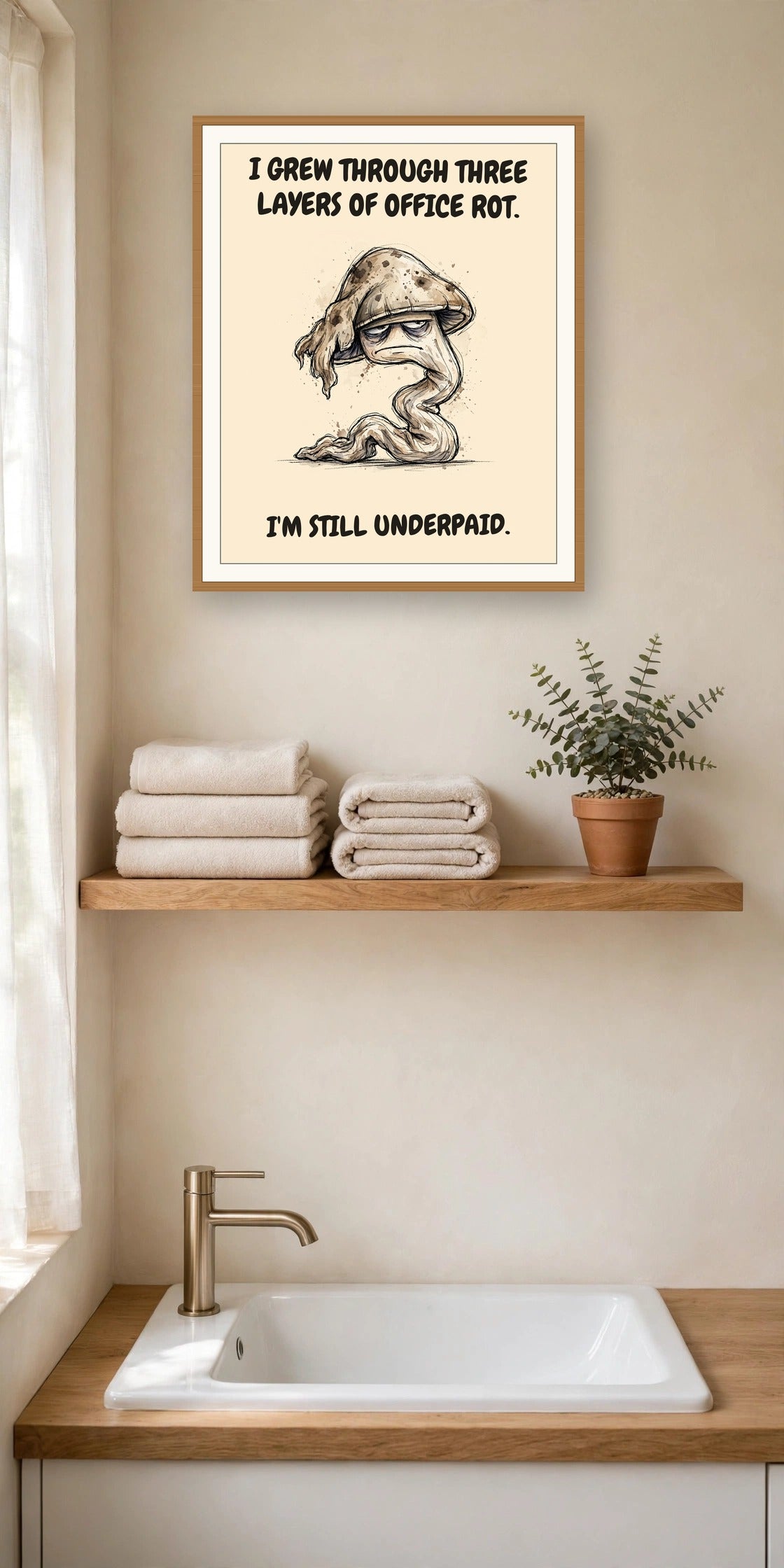 The same print shown hanging in an office — frame for display only, not included