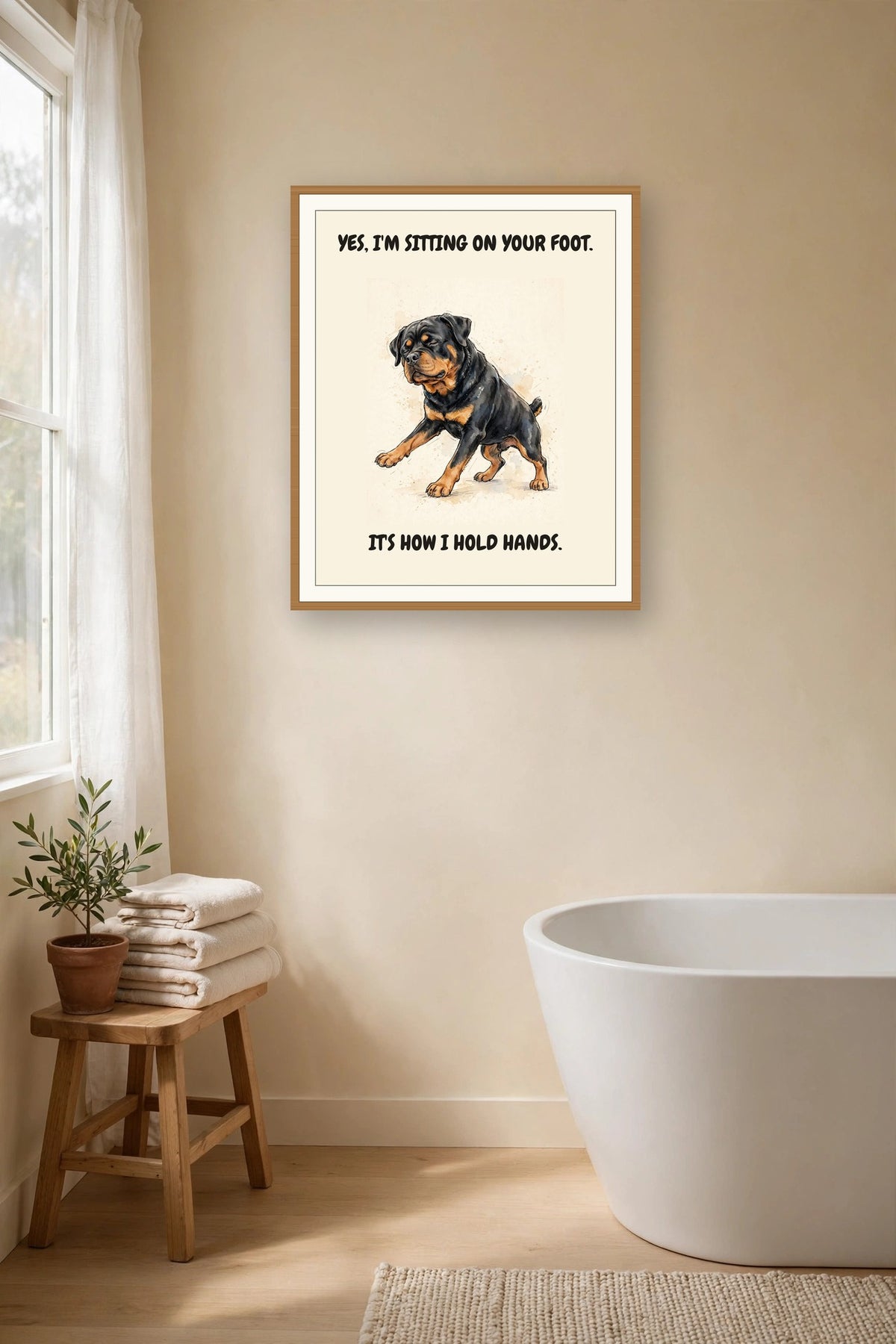 Lifestyle display mockup — frame not included. Unbothered Rottweiler art print.