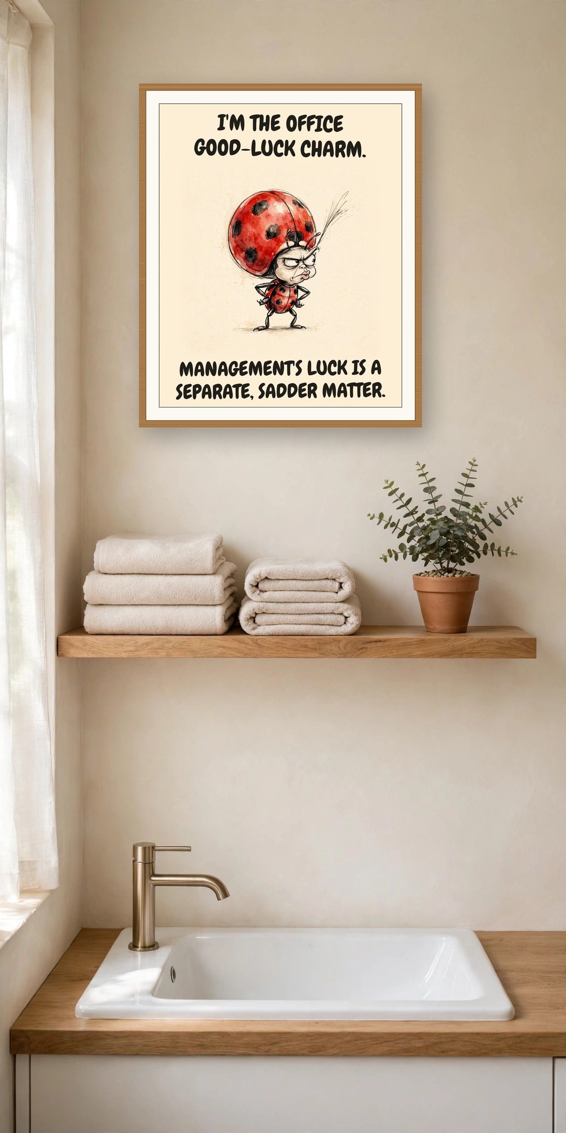 The same print shown hanging in an office — frame for display only, not included