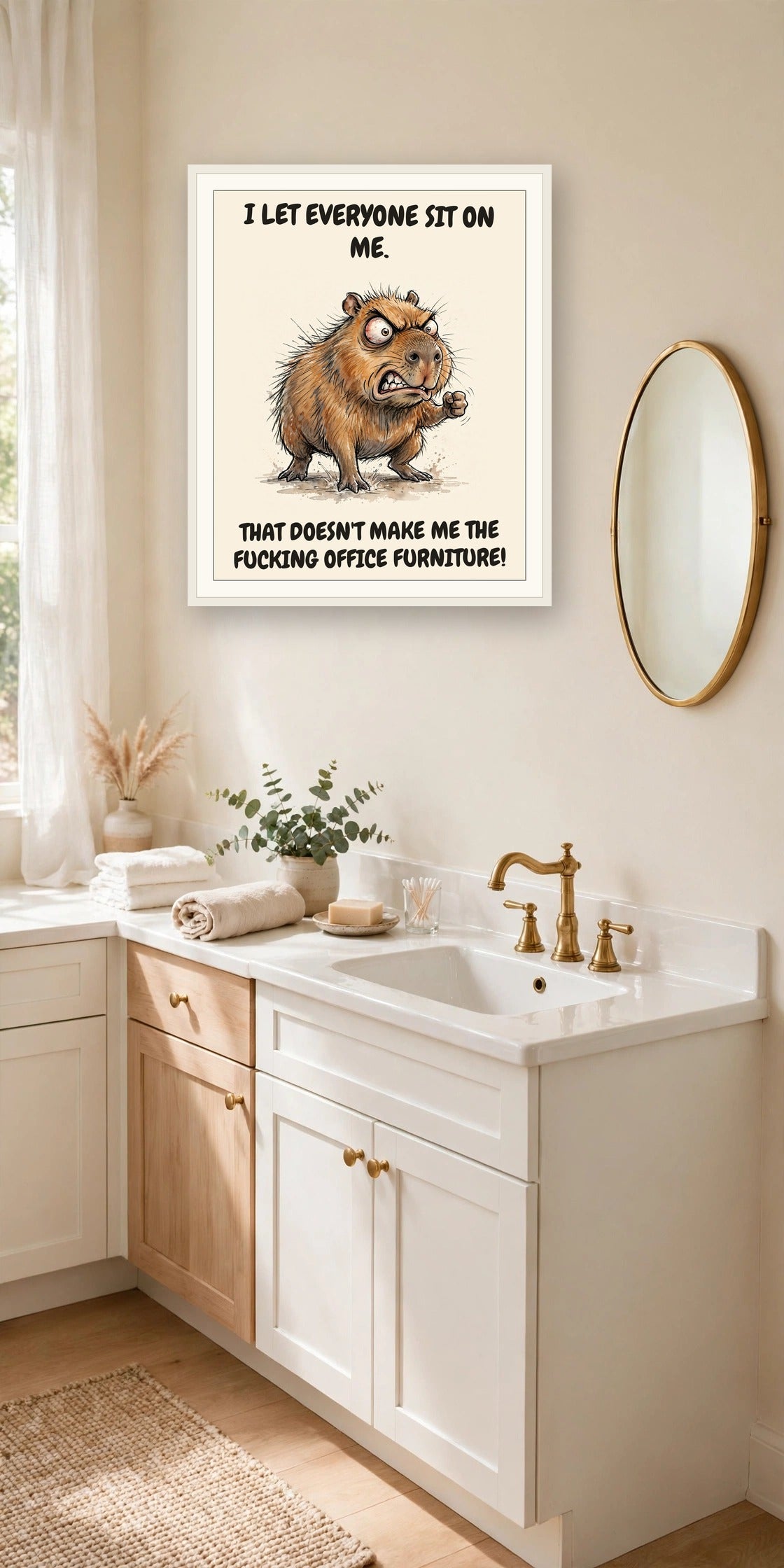 The same print shown hanging in an office — frame for display only, not included
