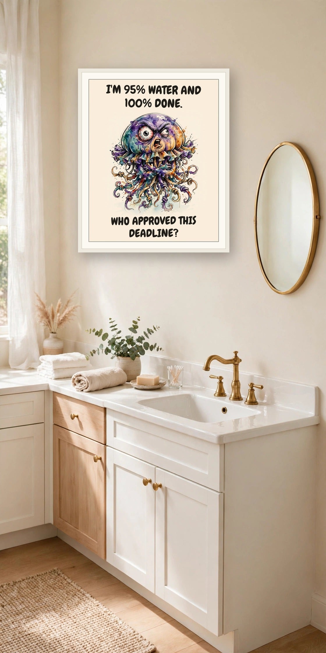 The same print shown hanging in an office — frame for display only, not included
