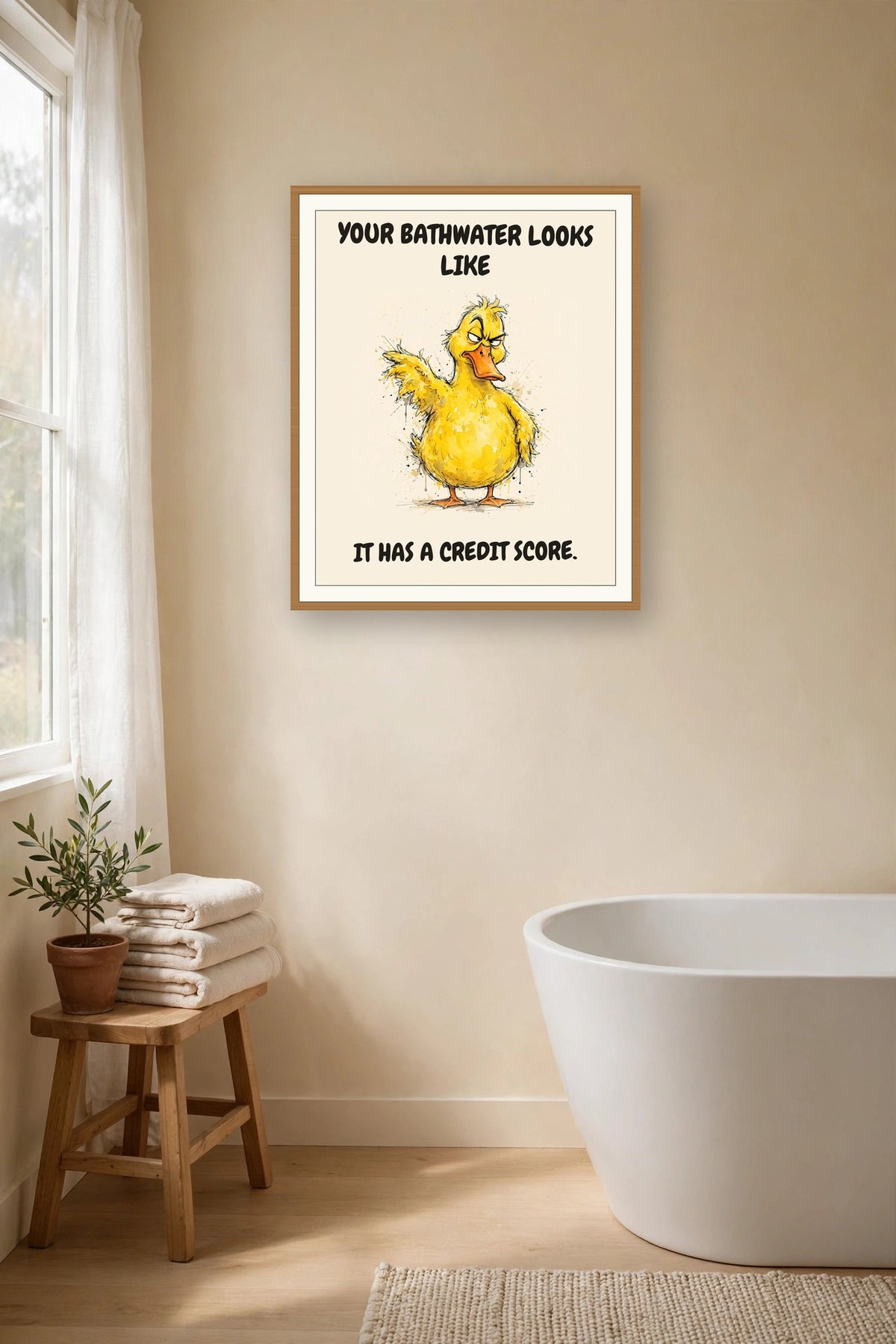The same print shown hanging in a bathroom — frame for display only, not included
