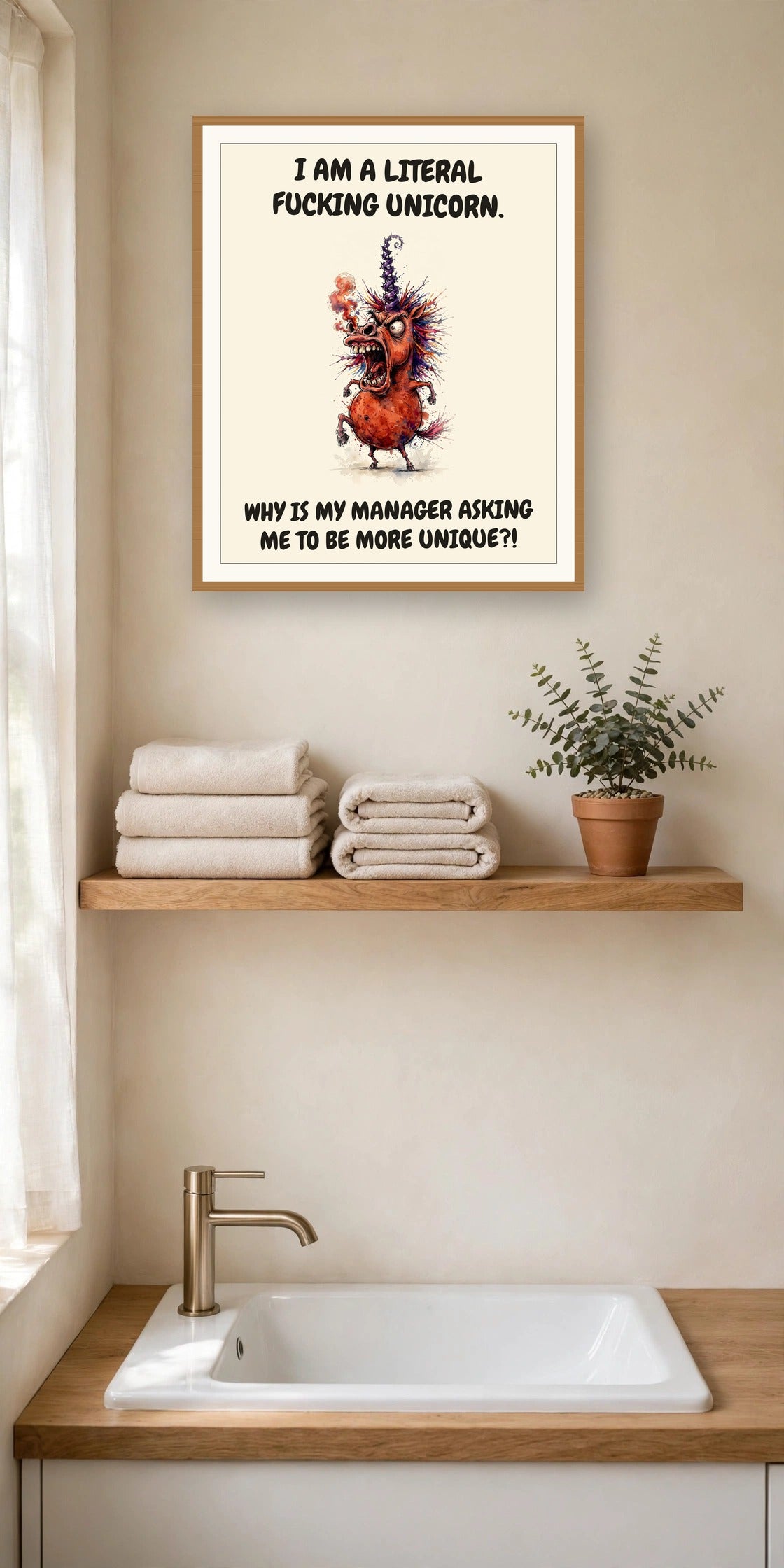 The same print shown hanging in an office — frame for display only, not included