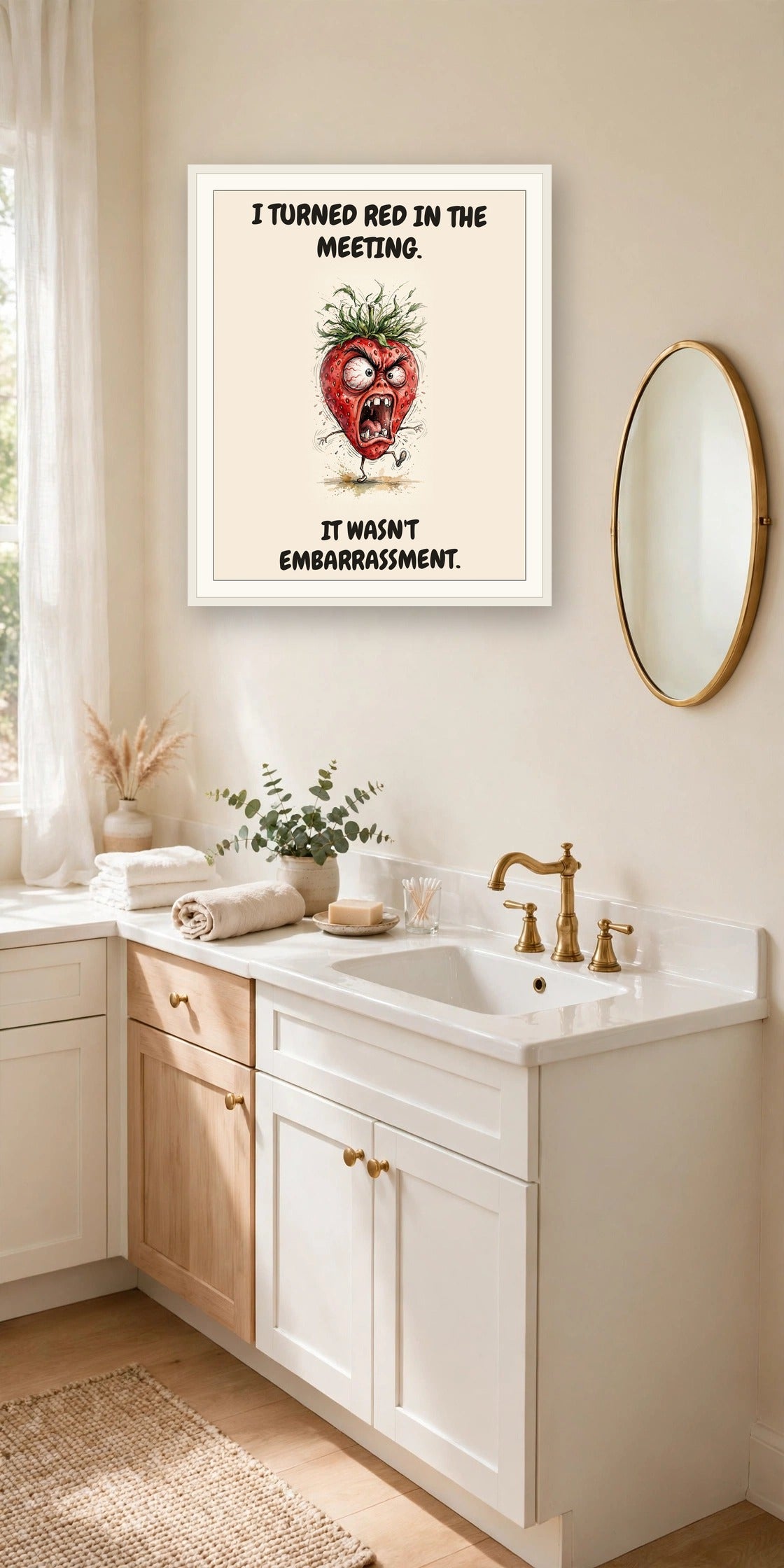 The same print shown hanging in an office — frame for display only, not included