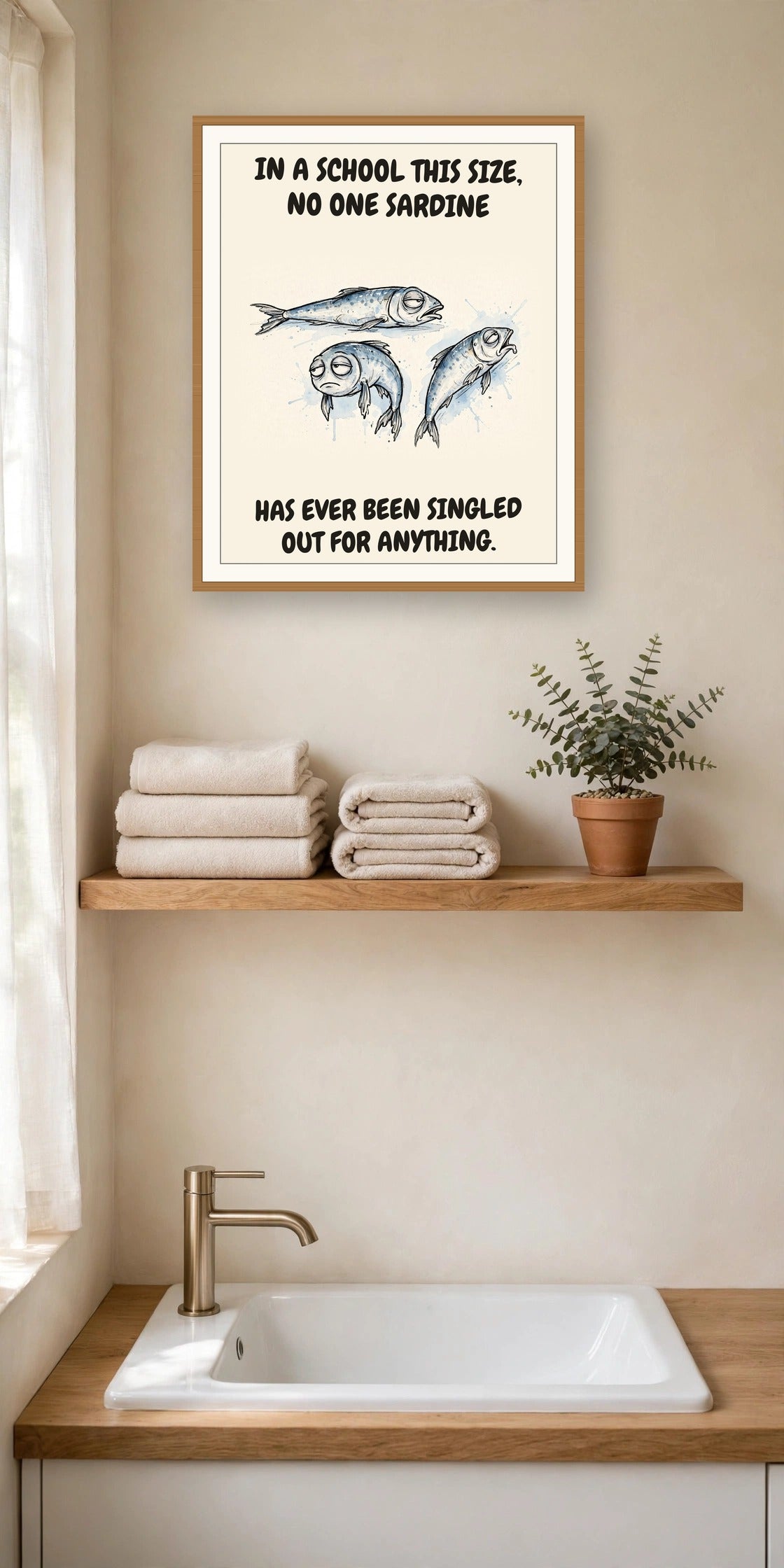 The same print shown hanging in an office — frame for display only, not included