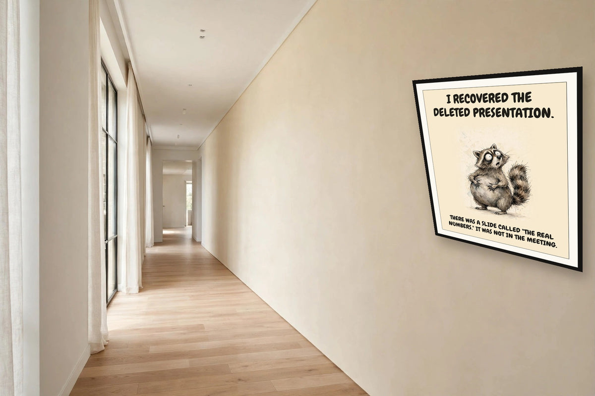 The same print shown hanging in an office — frame for display only, not included