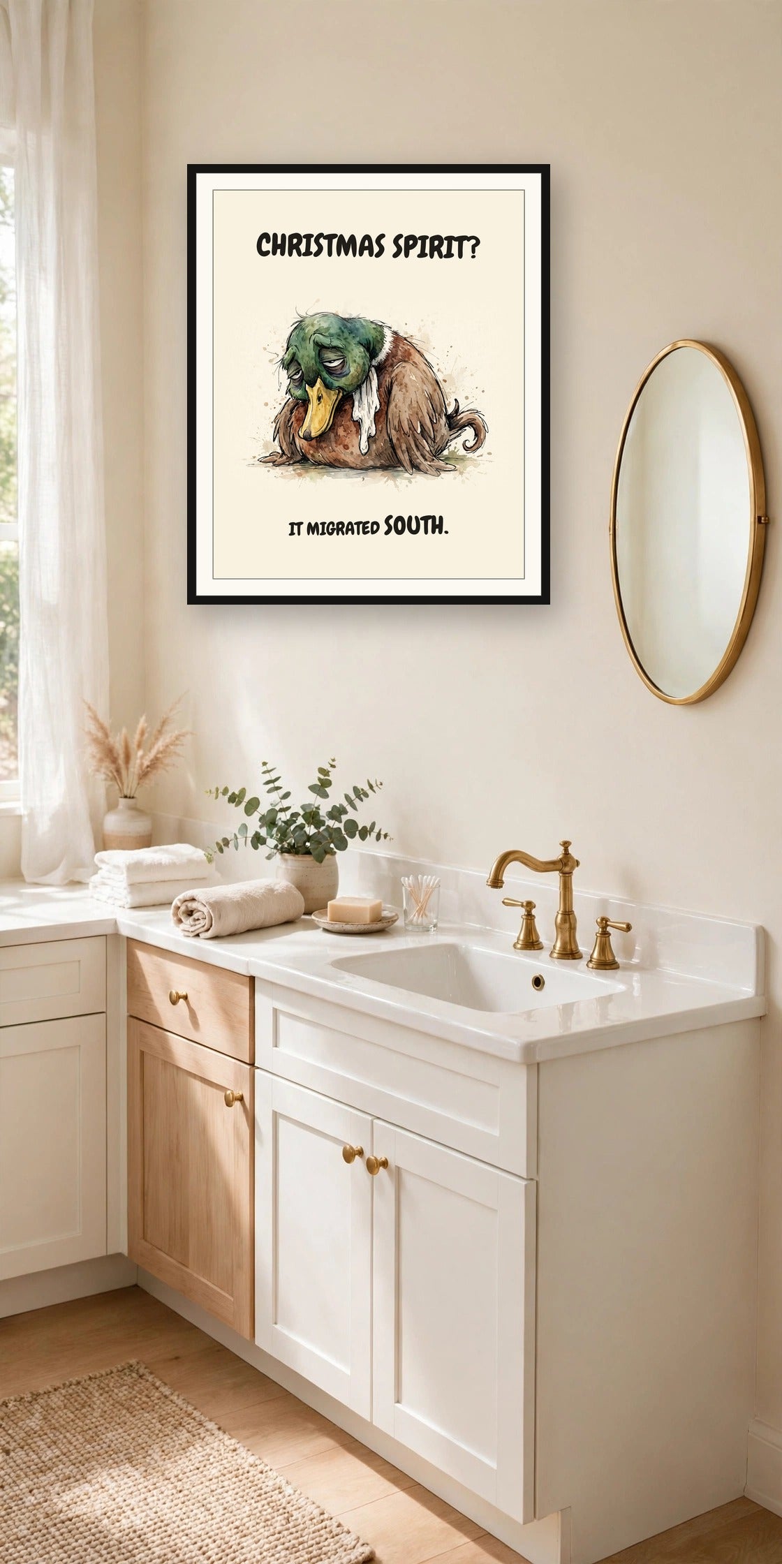 The same print shown hanging on a wall — frame for display only, not included