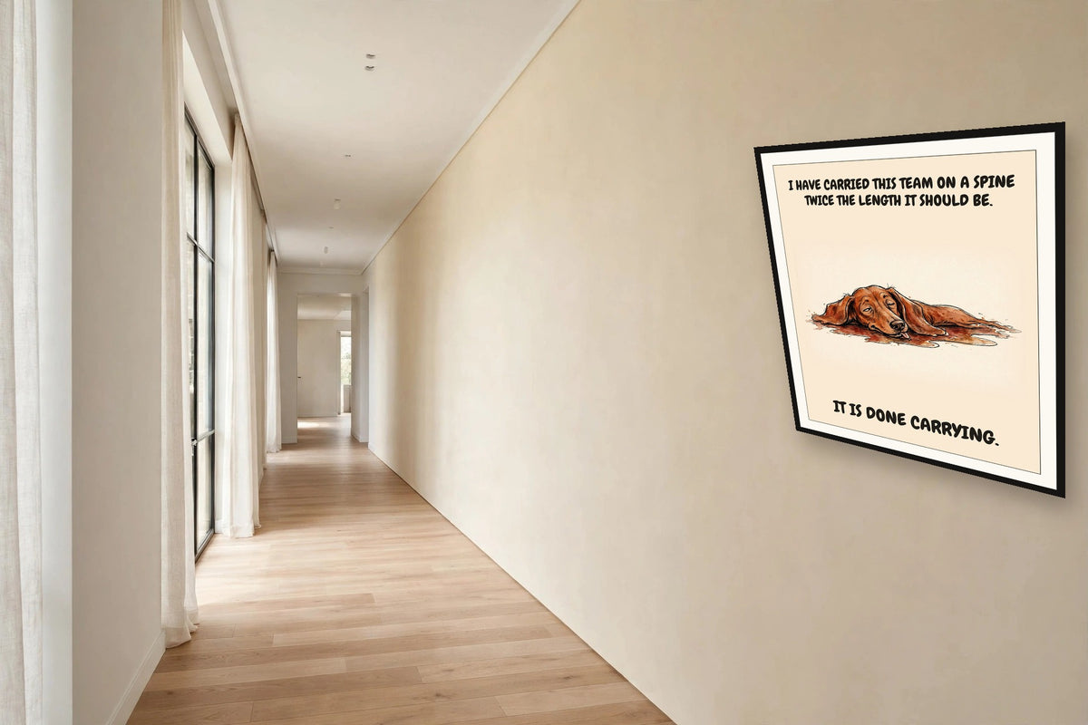 The same print shown hanging in an office — frame for display only, not included