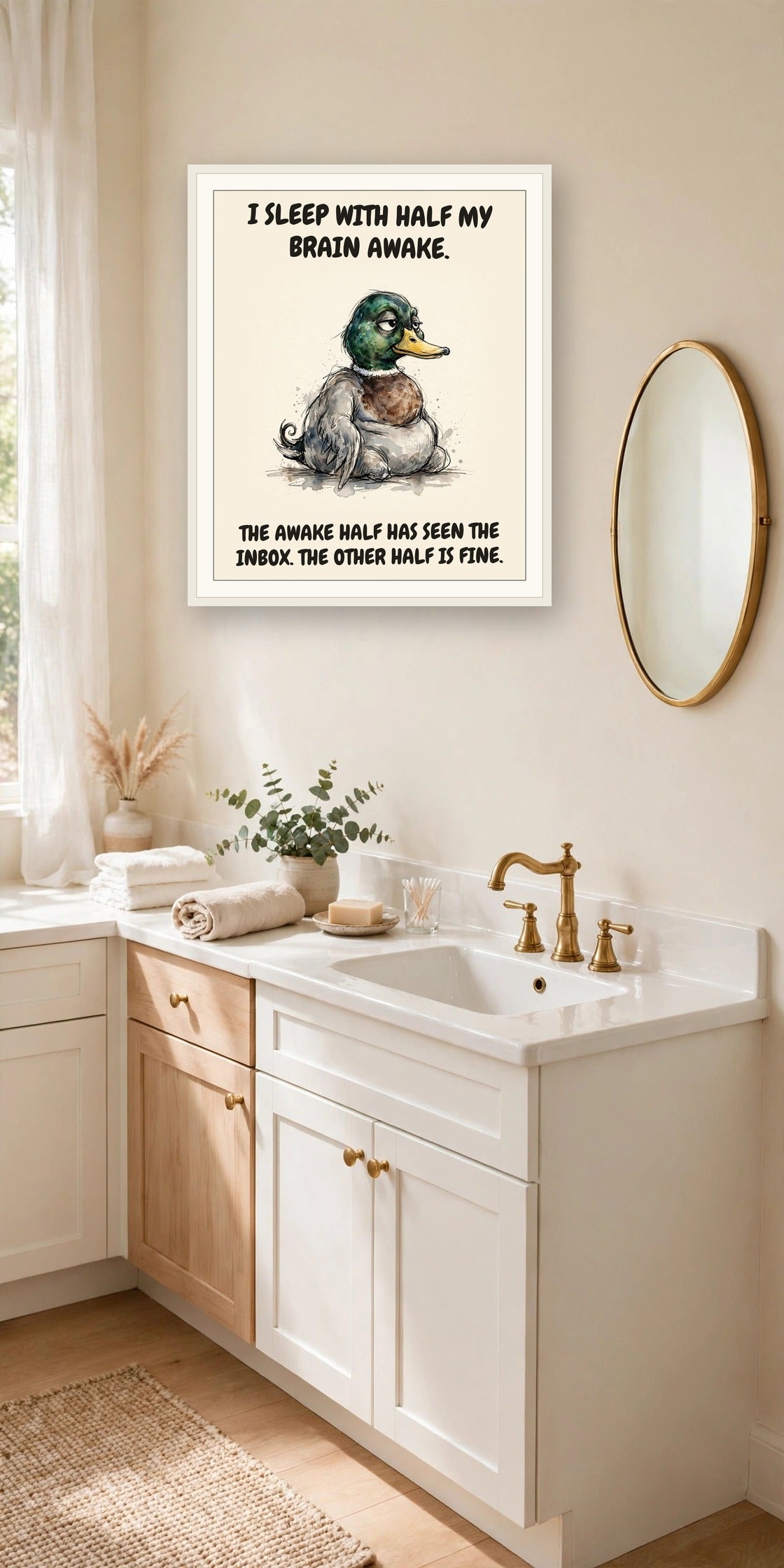 The same print shown hanging in an office — frame for display only, not included