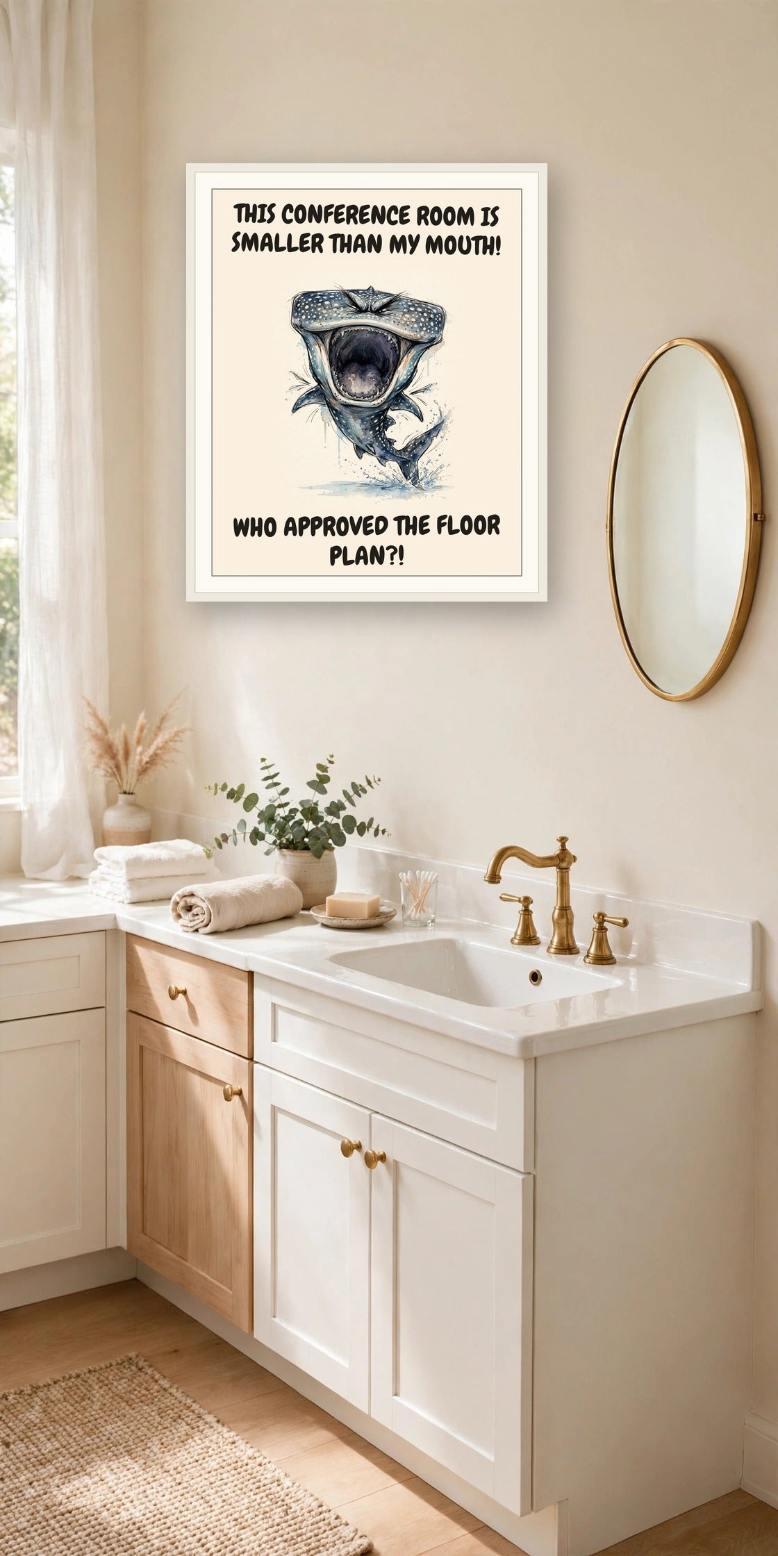 The same print shown hanging in an office — frame for display only, not included