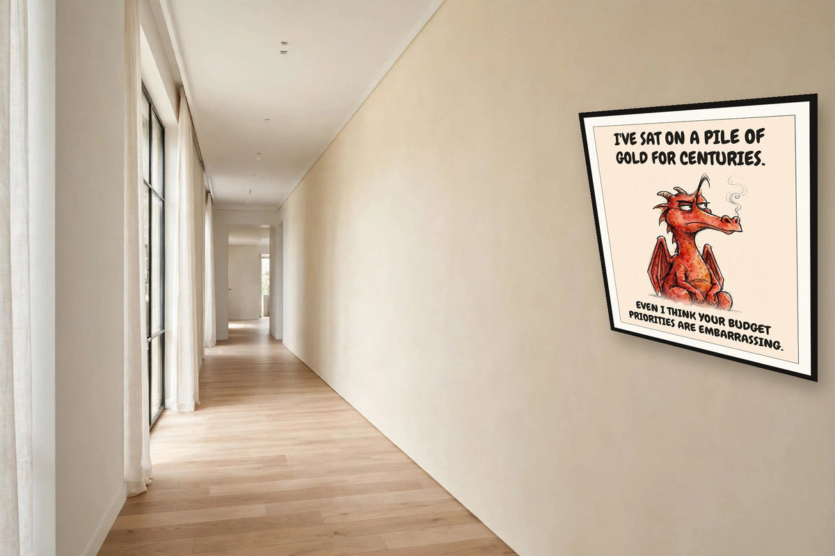 The same print shown hanging in an office — frame for display only, not included