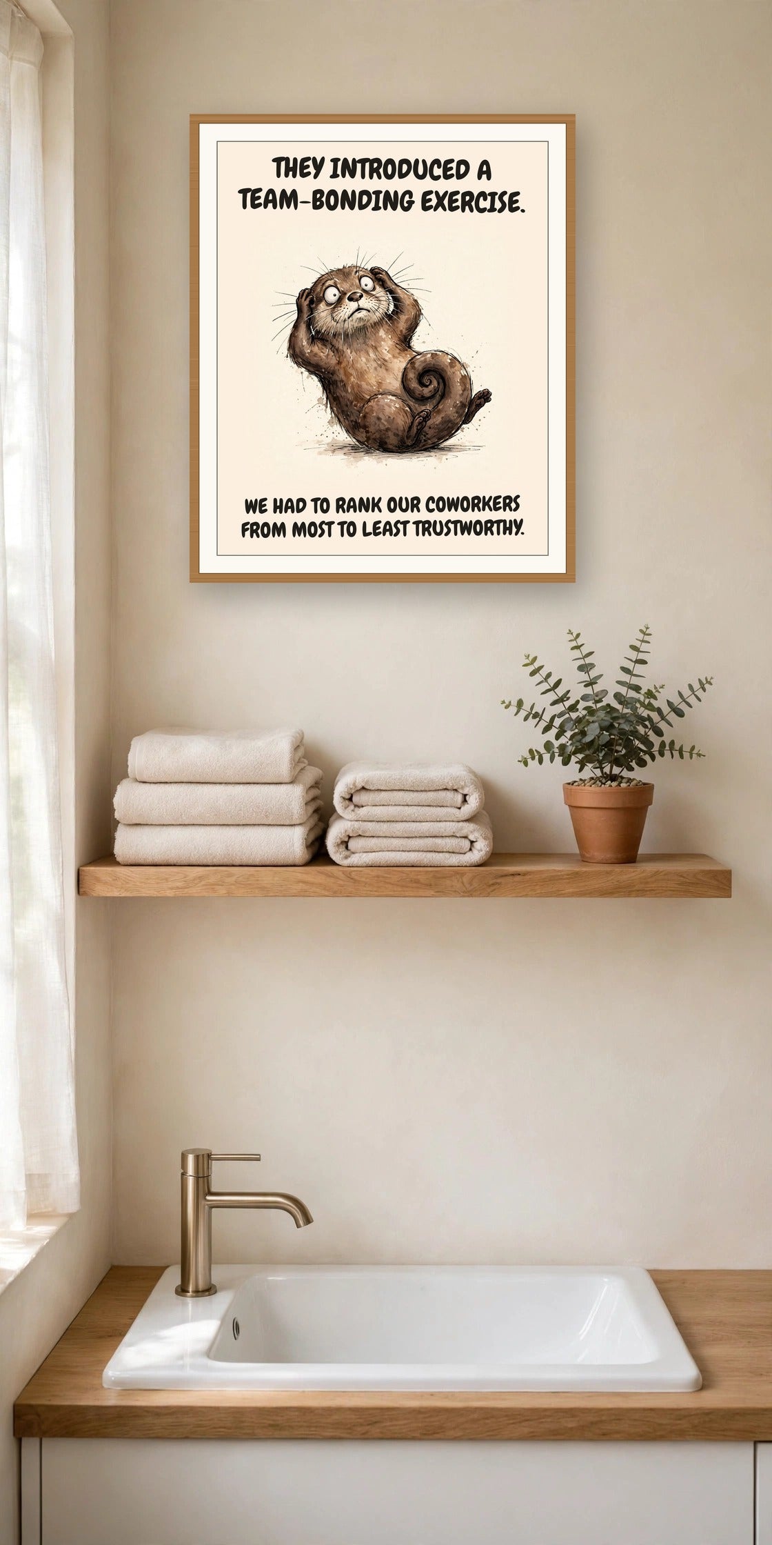 The same print shown hanging in an office — frame for display only, not included