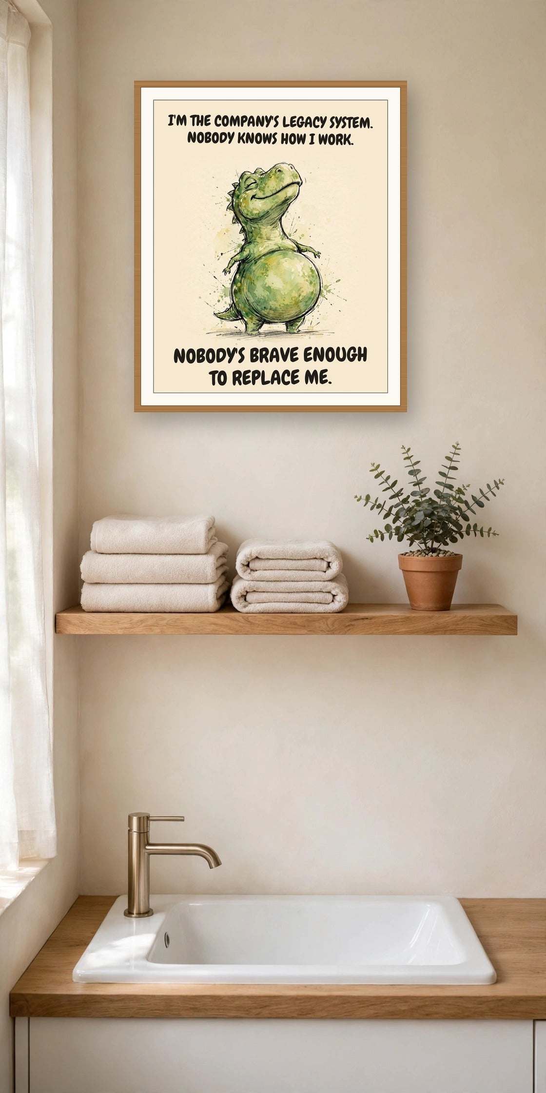 The same print shown hanging in an office — frame for display only, not included