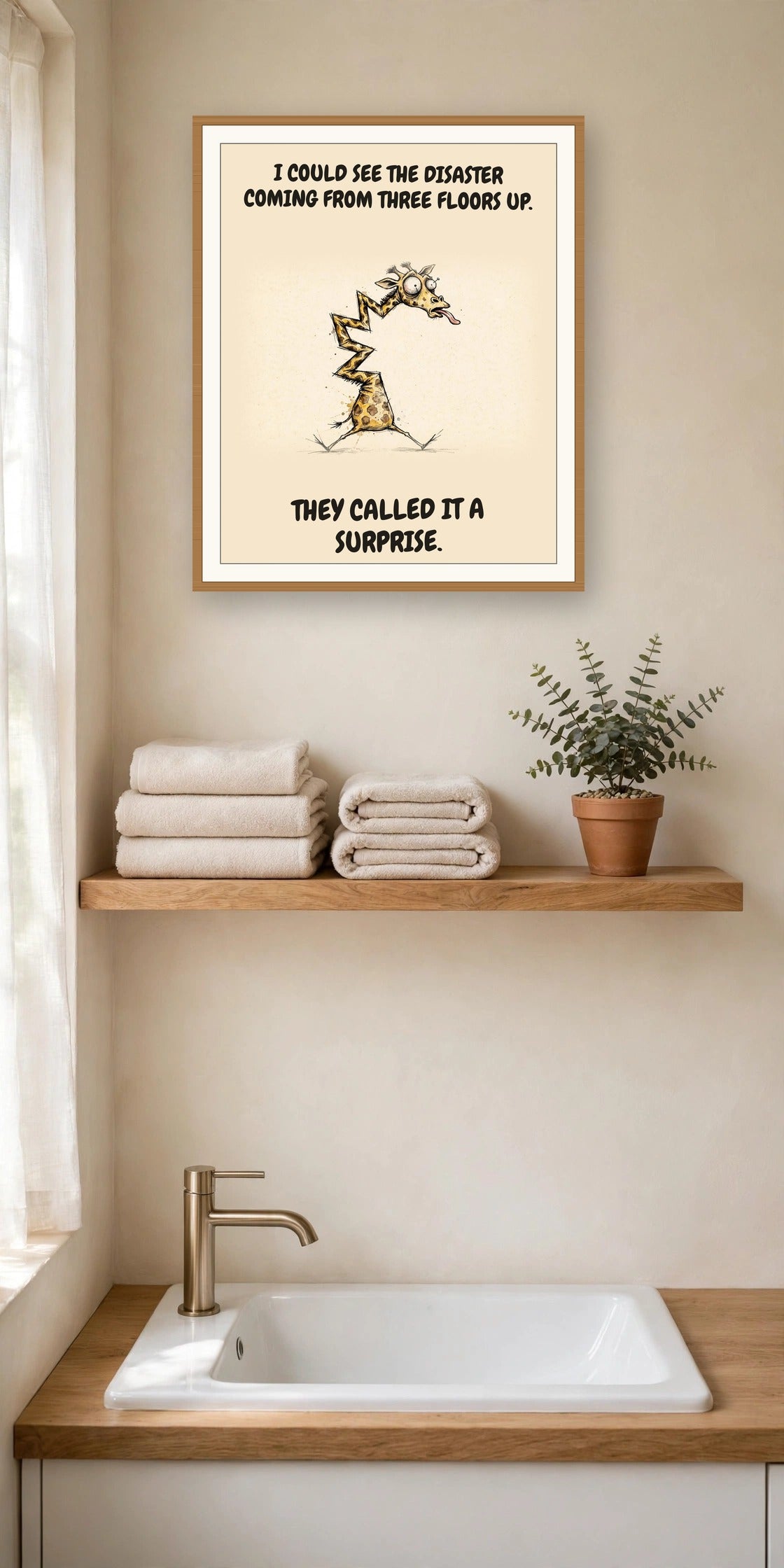The same print shown hanging in an office — frame for display only, not included