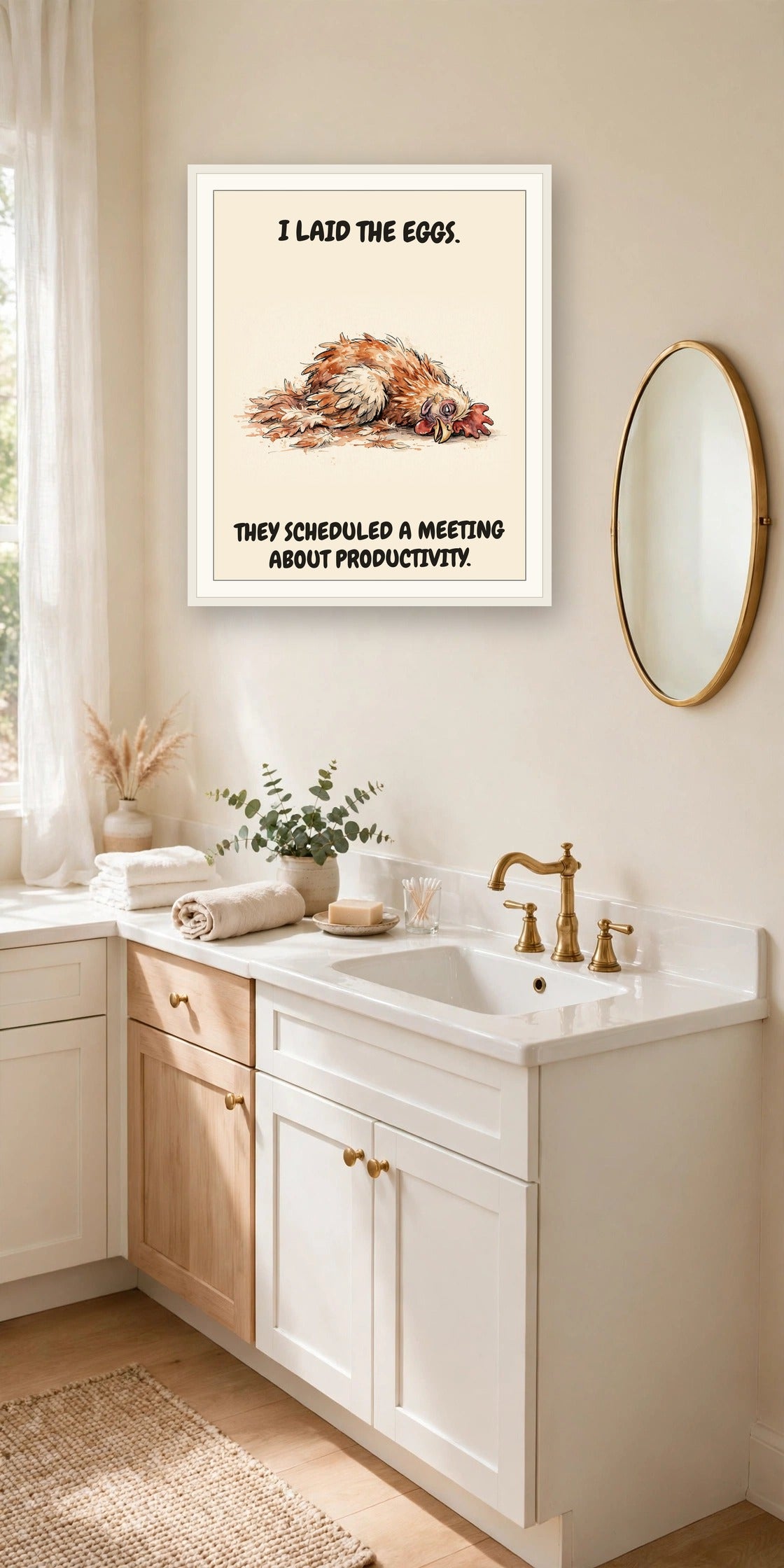The same print shown hanging in an office — frame for display only, not included