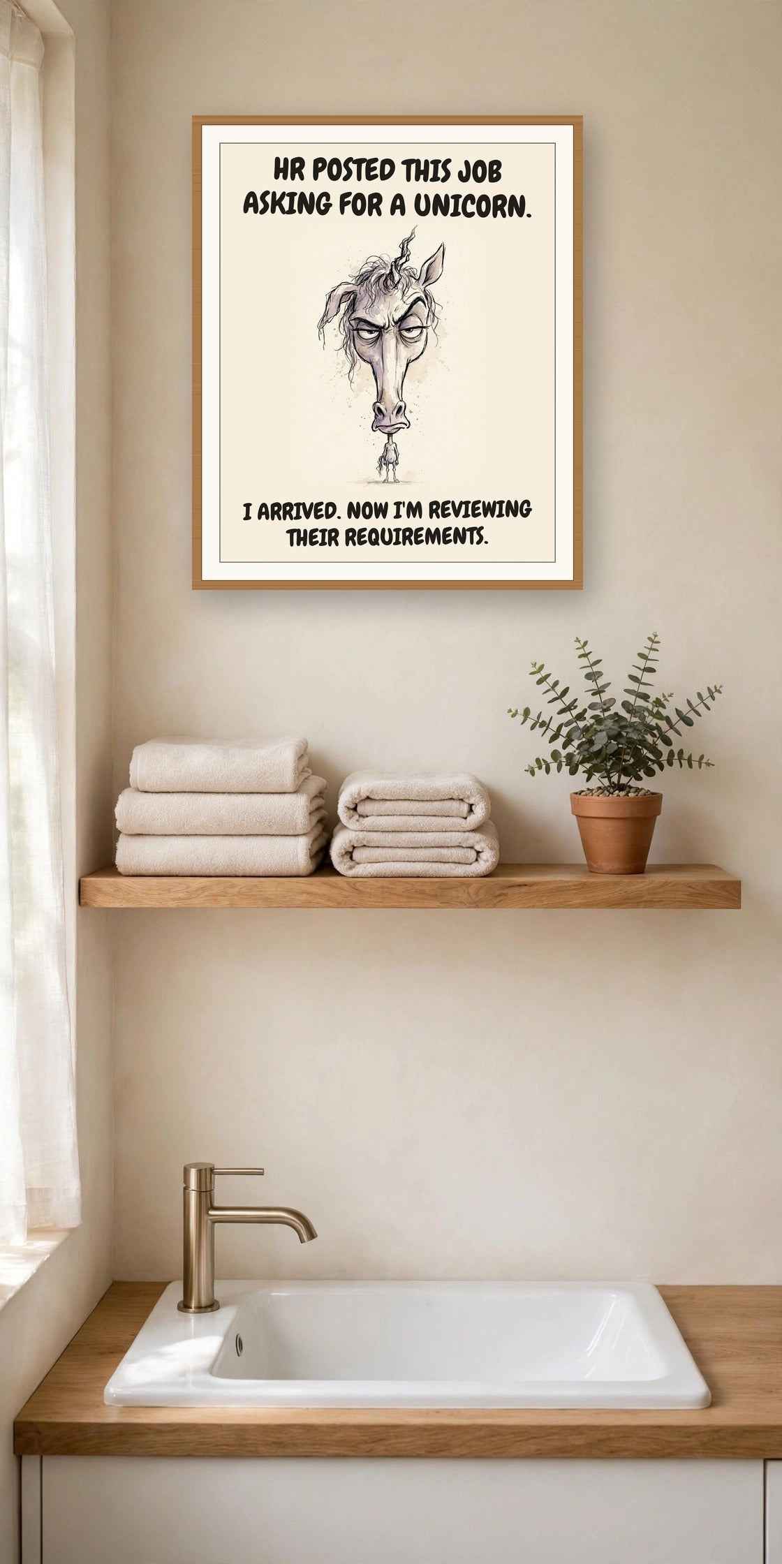 The same print shown hanging in an office — frame for display only, not included