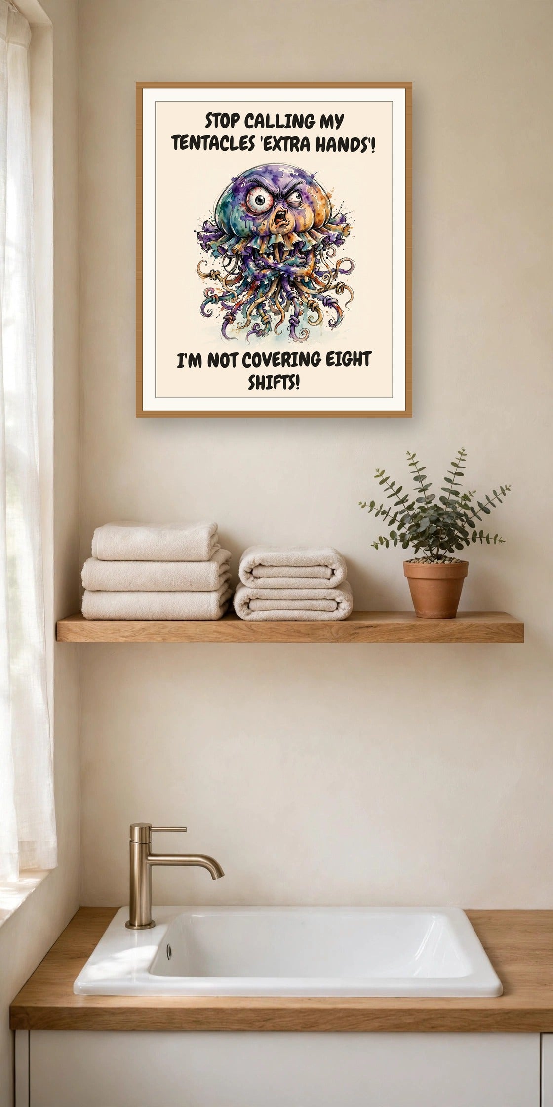 The same print shown hanging in an office — frame for display only, not included