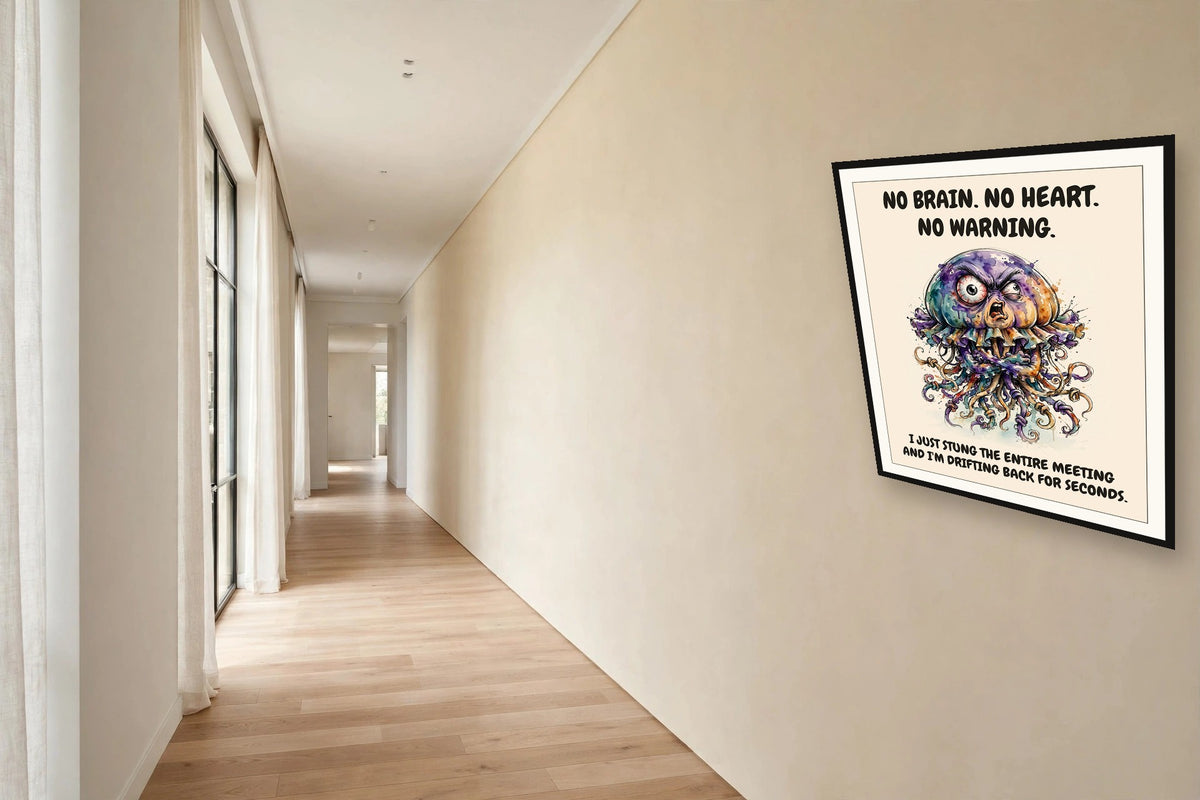 The same print shown hanging in an office — frame for display only, not included