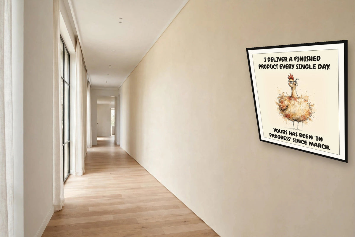 The same print shown hanging in an office — frame for display only, not included