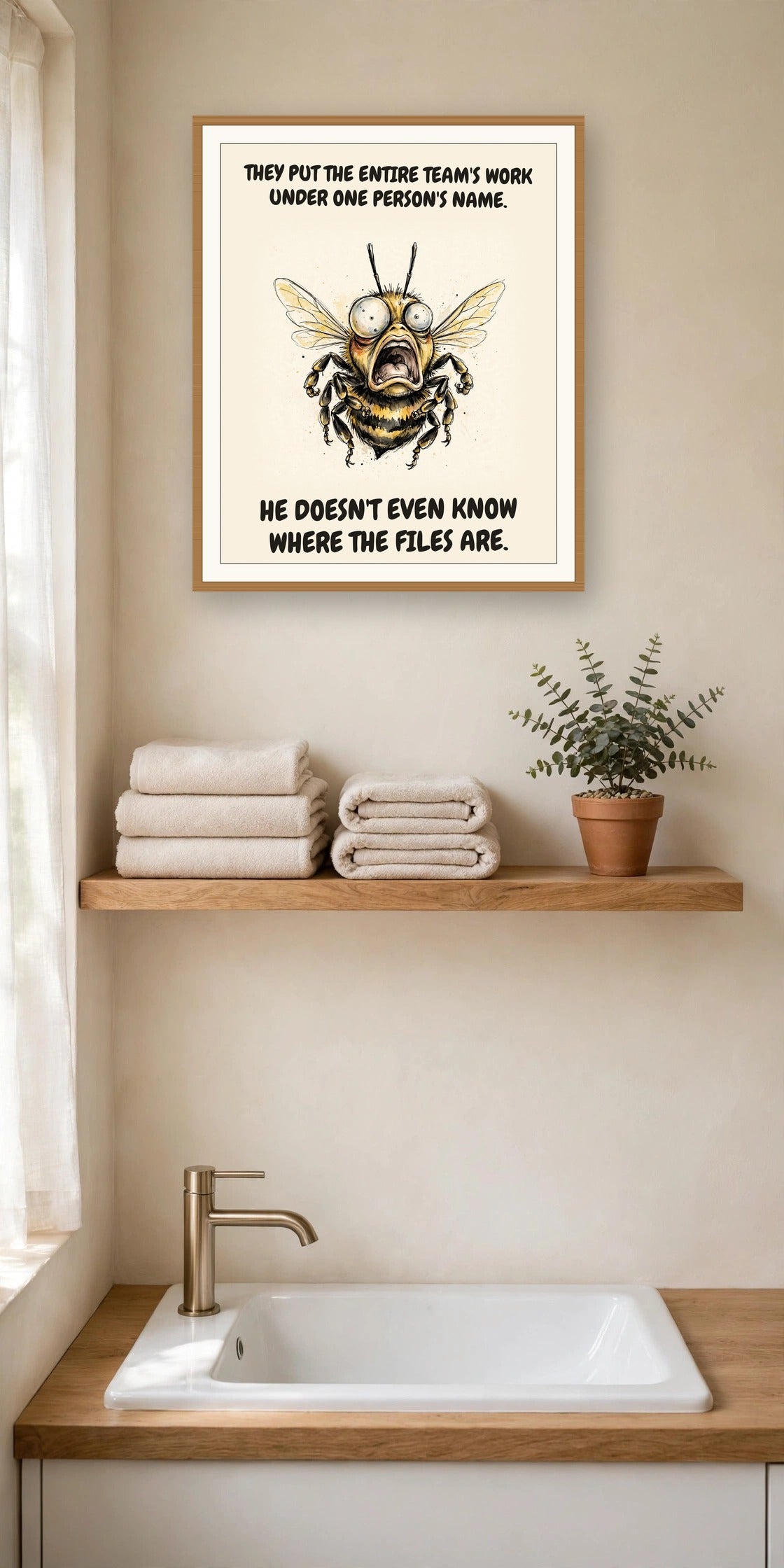 The same print shown hanging in an office — frame for display only, not included