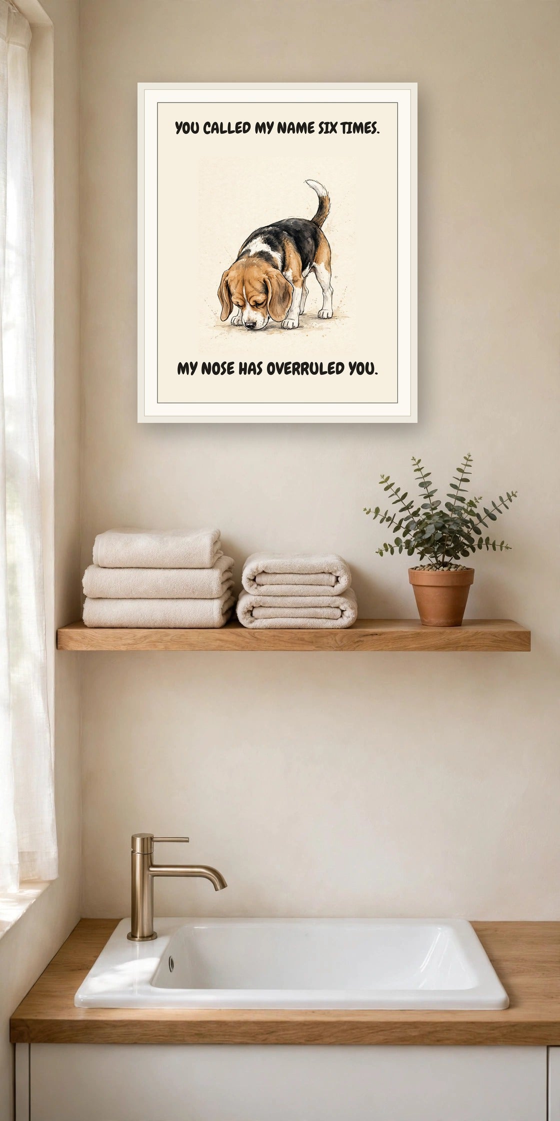 Lifestyle display mockup — frame not included. Unbothered Beagle art print.