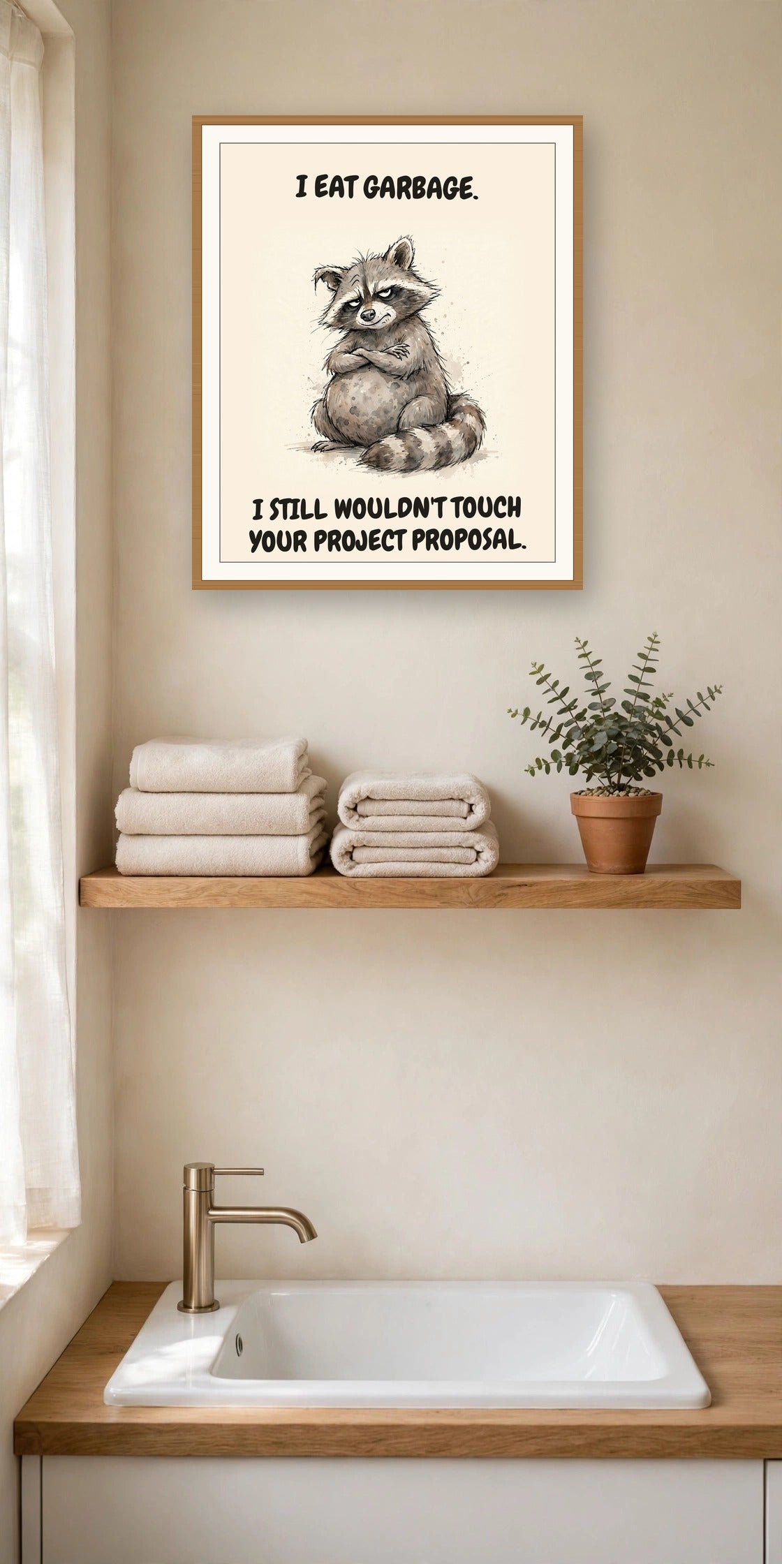 The same print shown hanging in an office — frame for display only, not included