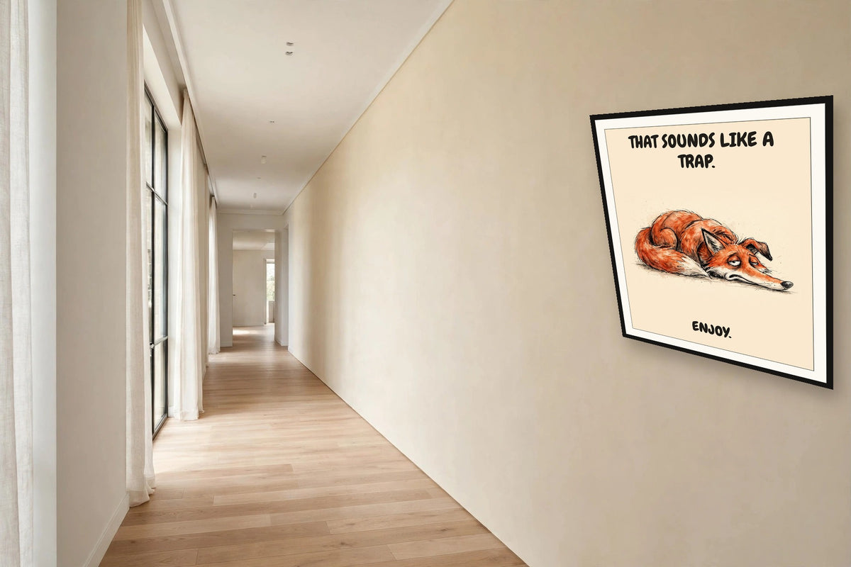 The same print shown hanging in an office — frame for display only, not included