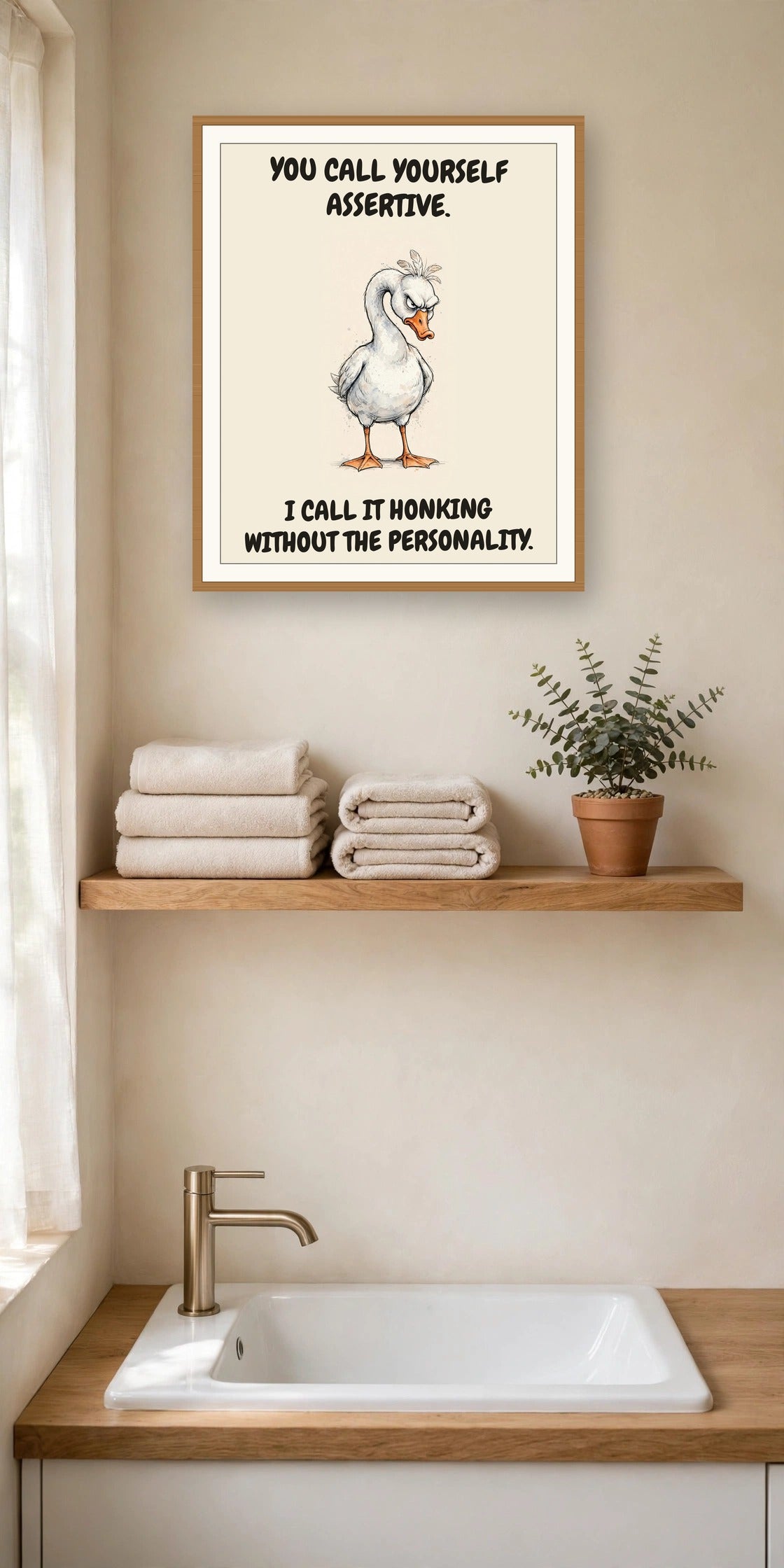 The same print shown hanging in an office — frame for display only, not included