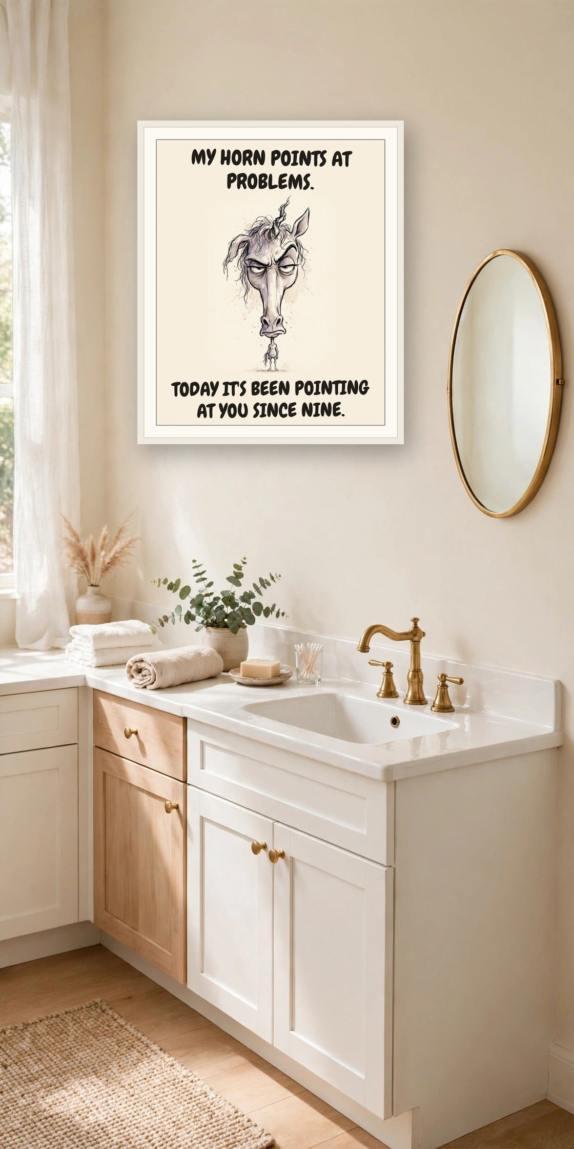 The same print shown hanging in an office — frame for display only, not included