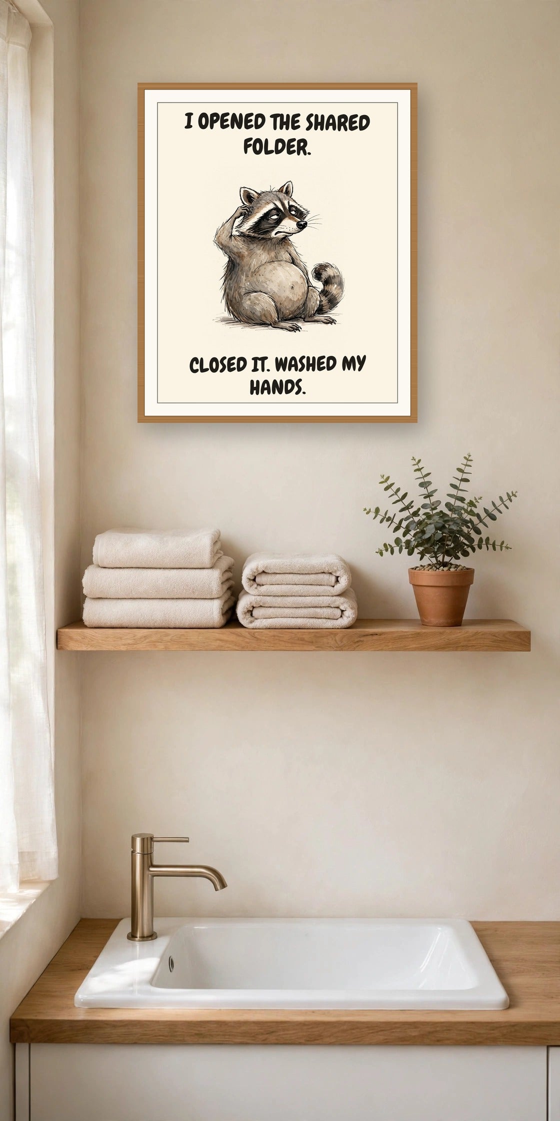 The same print shown hanging in an office — frame for display only, not included