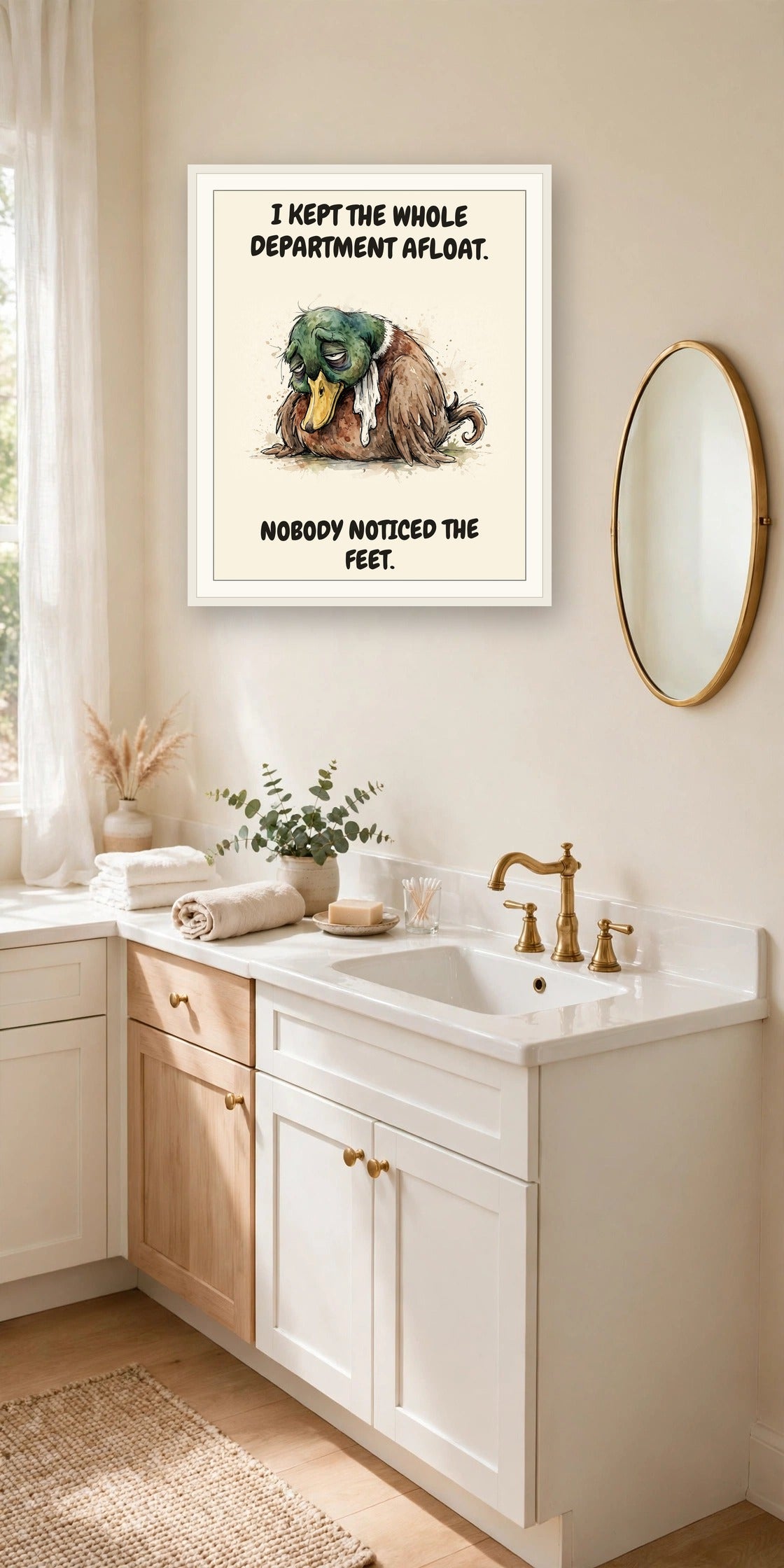 The same print shown hanging in an office — frame for display only, not included