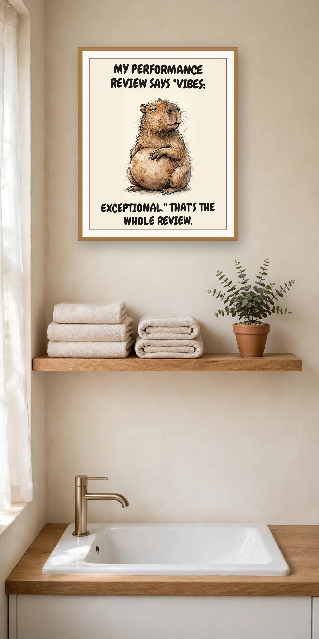 The same print shown hanging in an office — frame for display only, not included
