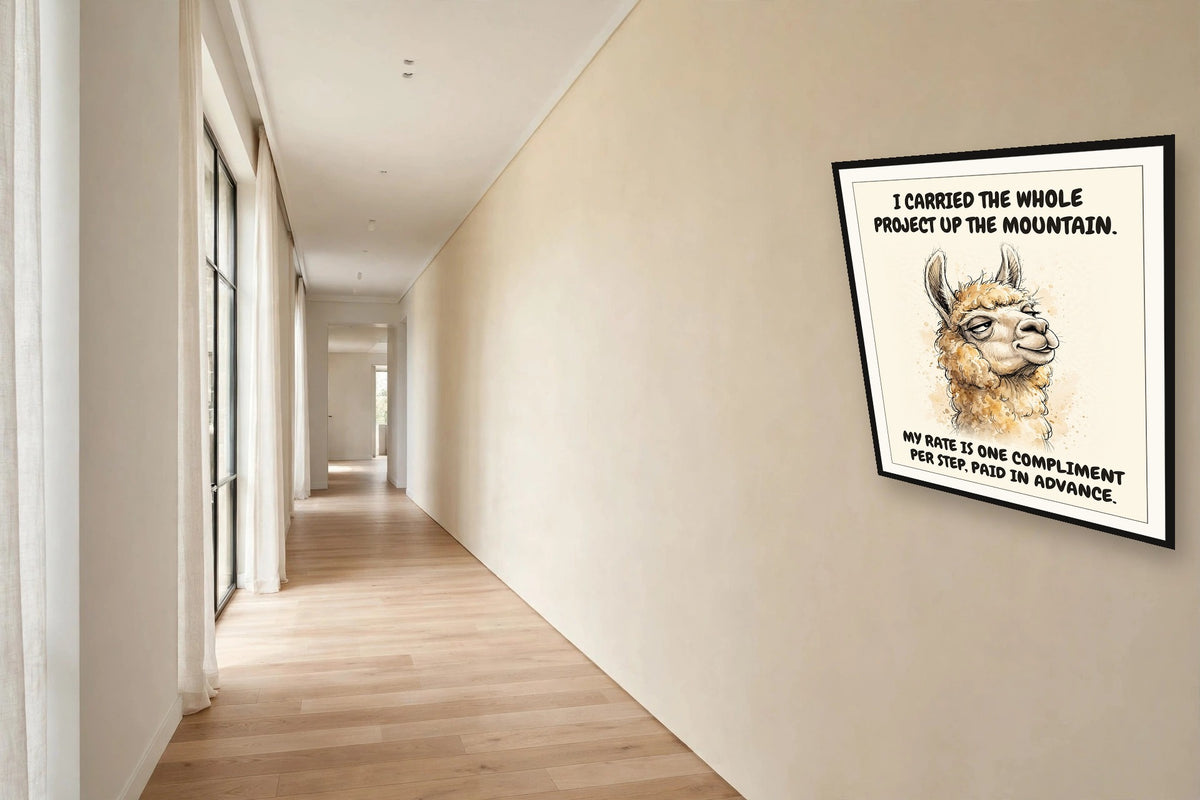The same print shown hanging in an office — frame for display only, not included