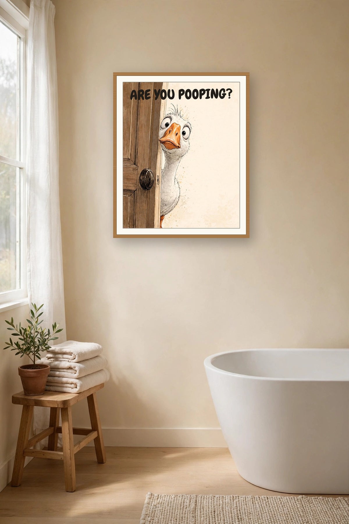 The same print shown hanging in a bathroom — frame for display only, not included
