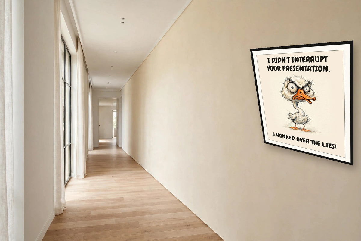 The same print shown hanging in an office — frame for display only, not included
