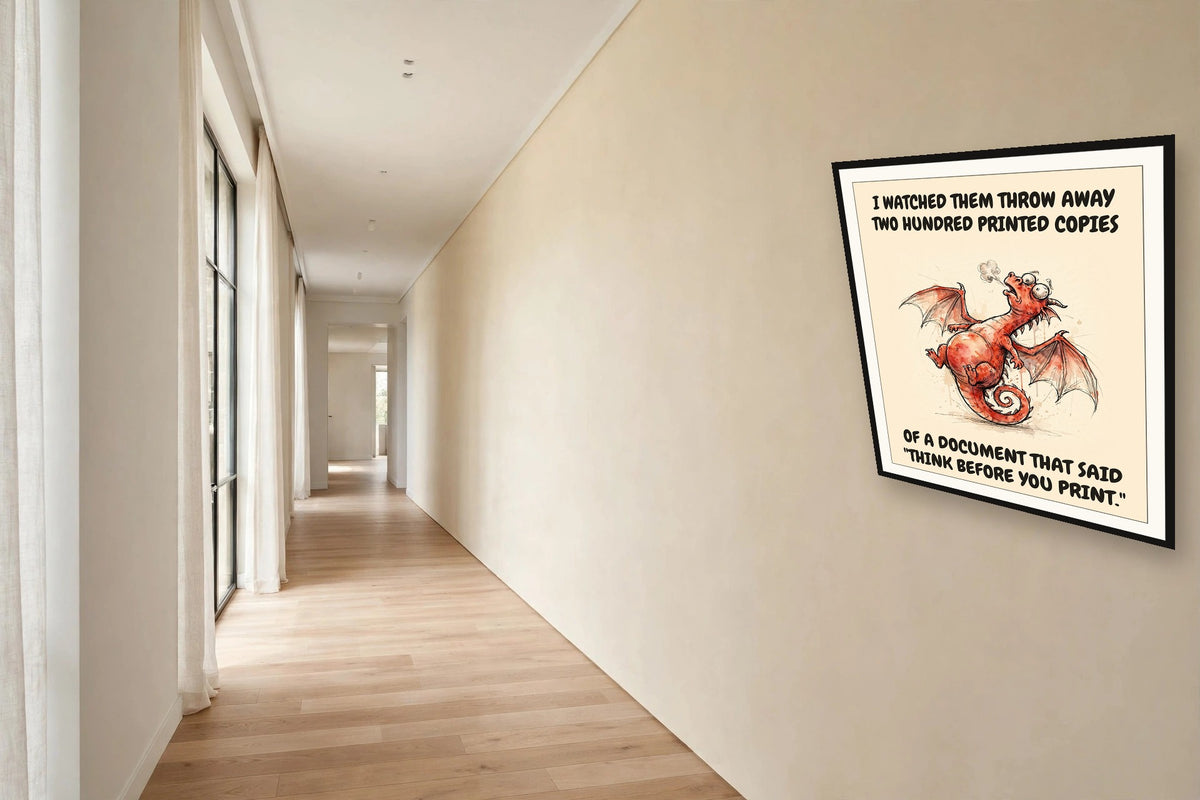 The same print shown hanging in an office — frame for display only, not included