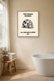 The same print shown hanging in a bathroom — frame for display only, not included