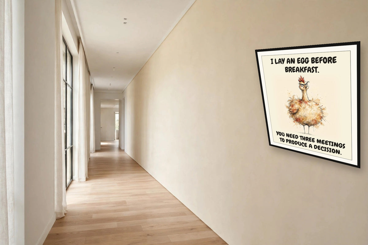 The same print shown hanging in an office — frame for display only, not included