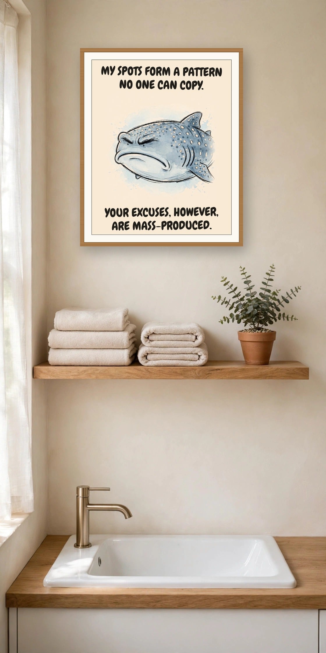The same print shown hanging in an office — frame for display only, not included