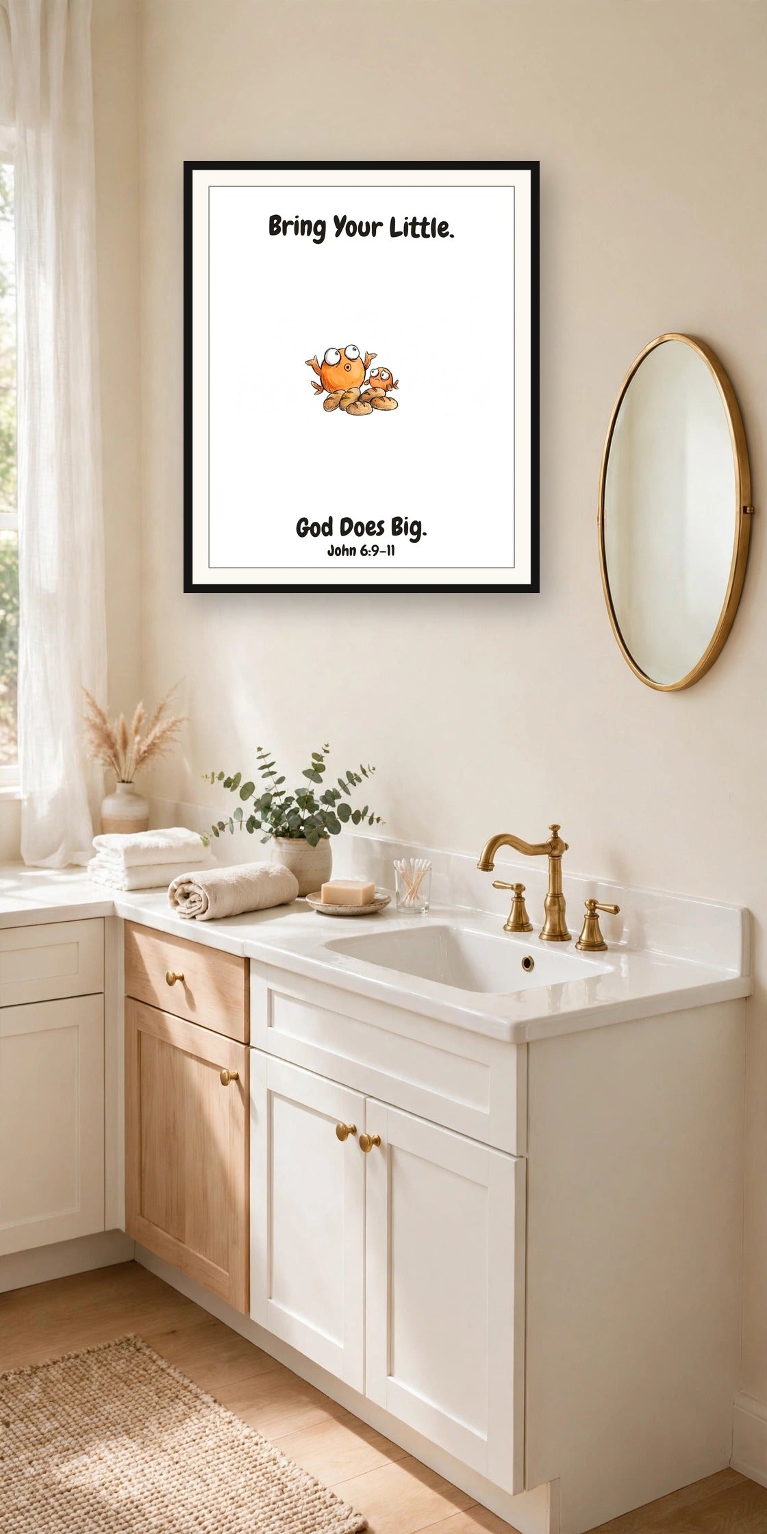 The same print shown hanging on a wall — frame for display only, not included