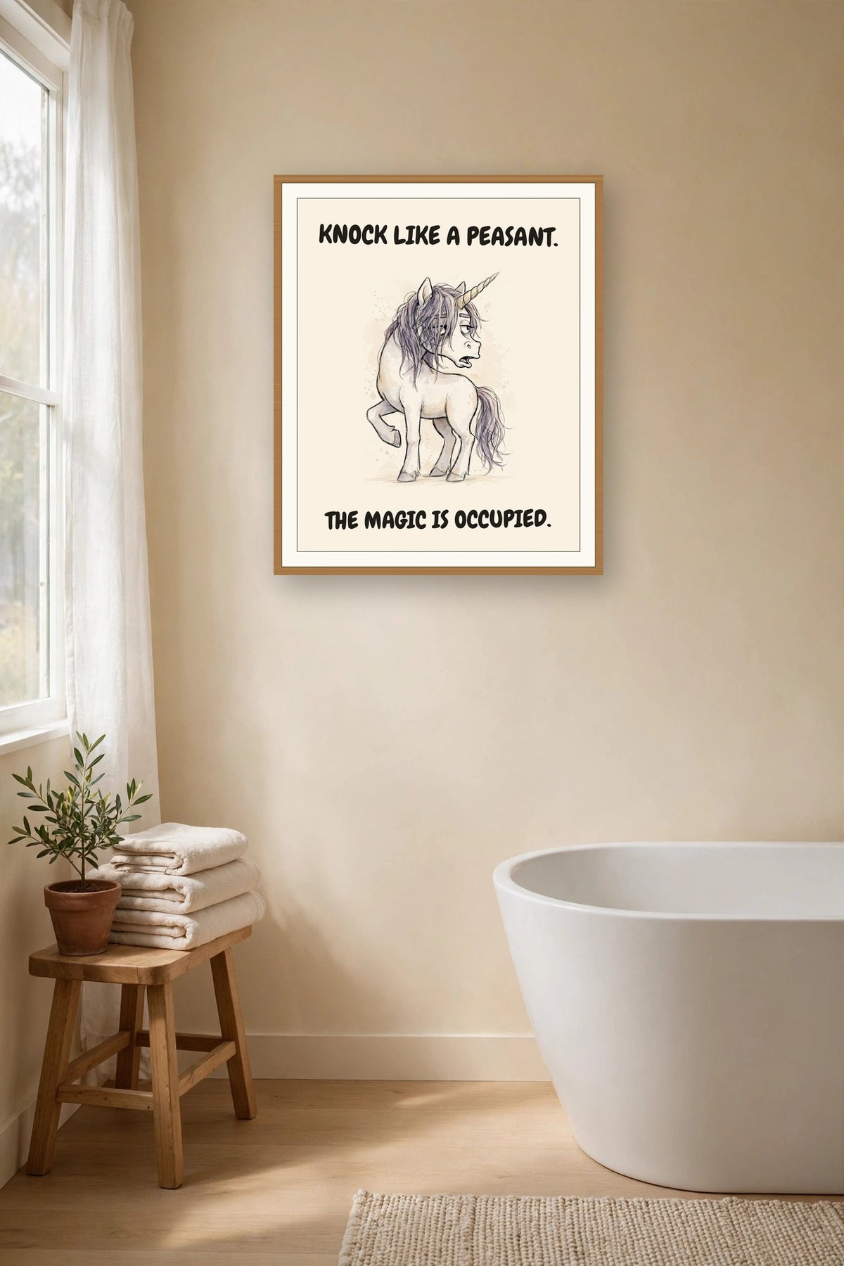 The same print shown hanging in a bathroom — frame for display only, not included