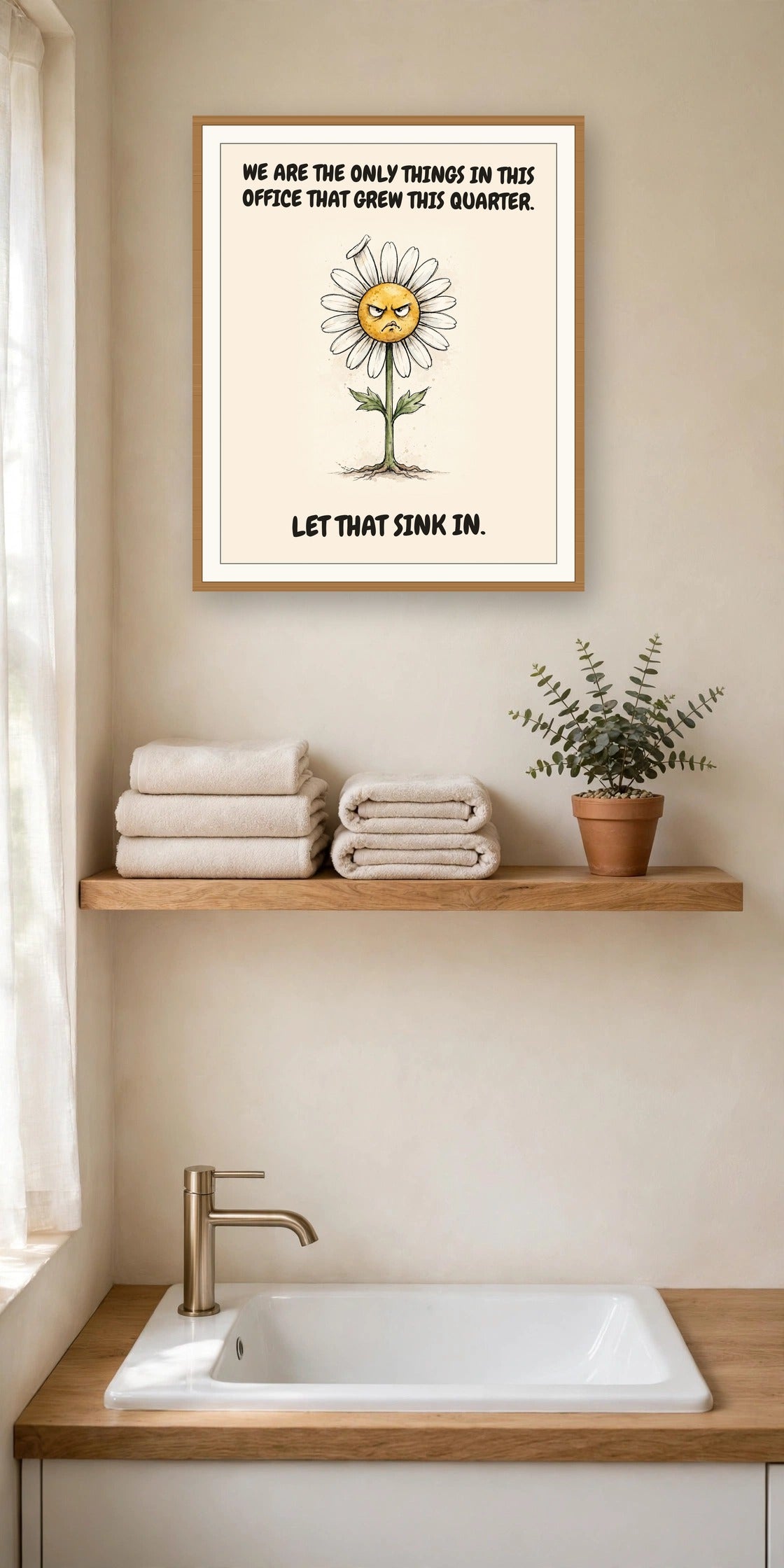 The same print shown hanging in an office — frame for display only, not included