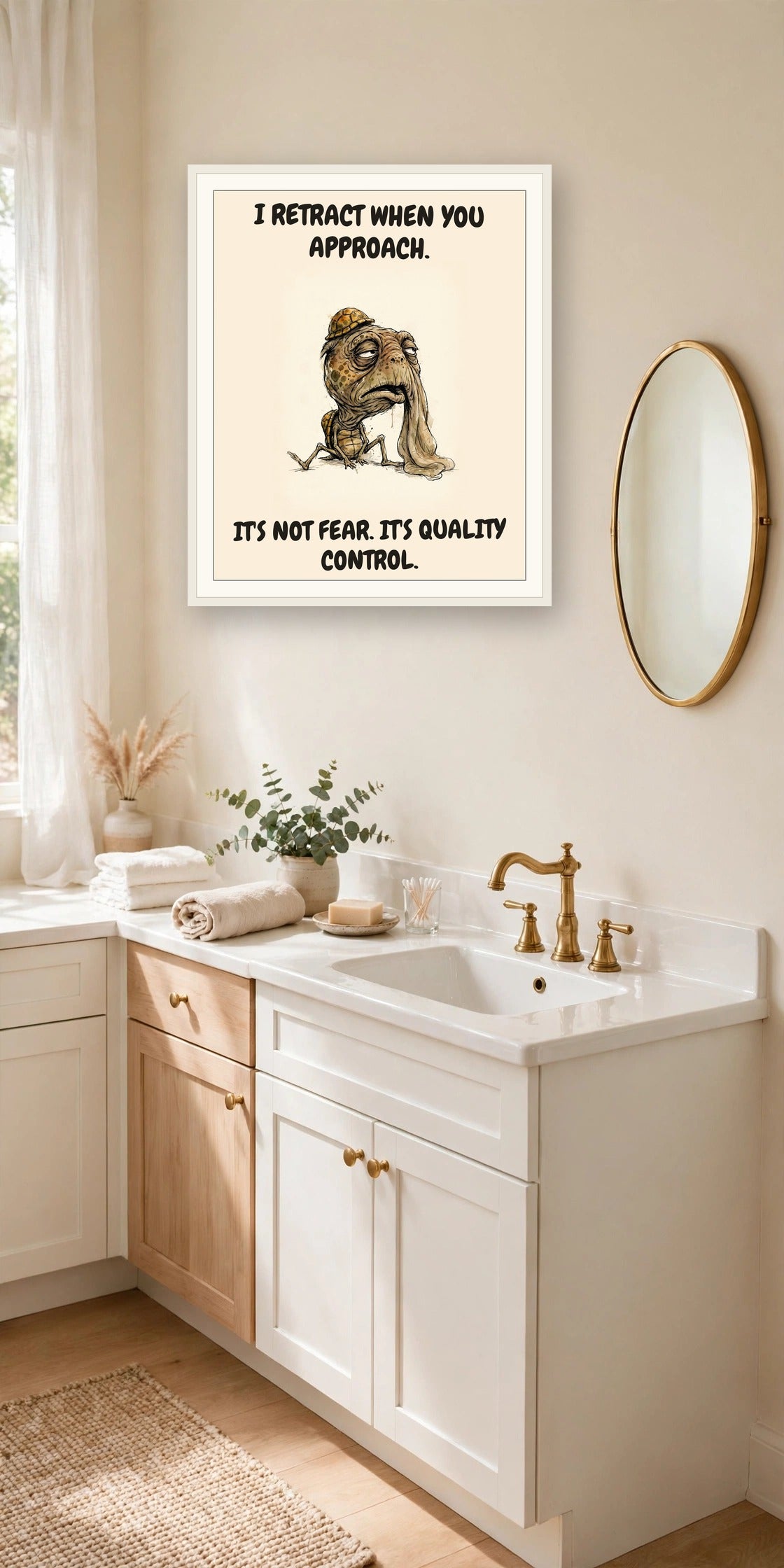 The same print shown hanging in an office — frame for display only, not included