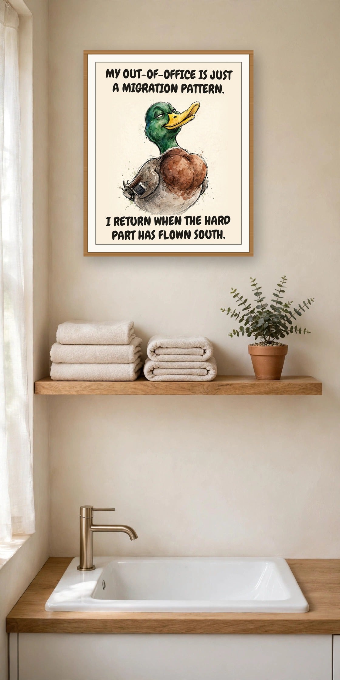 The same print shown hanging in an office — frame for display only, not included