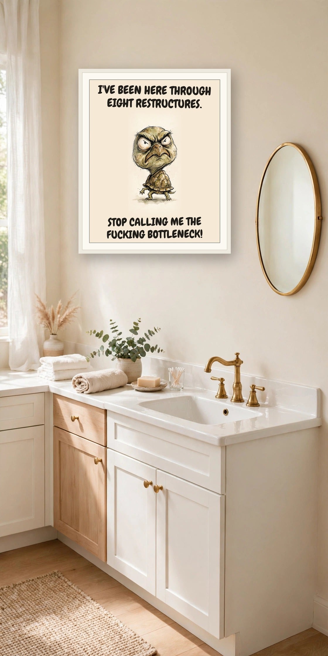 The same print shown hanging in an office — frame for display only, not included