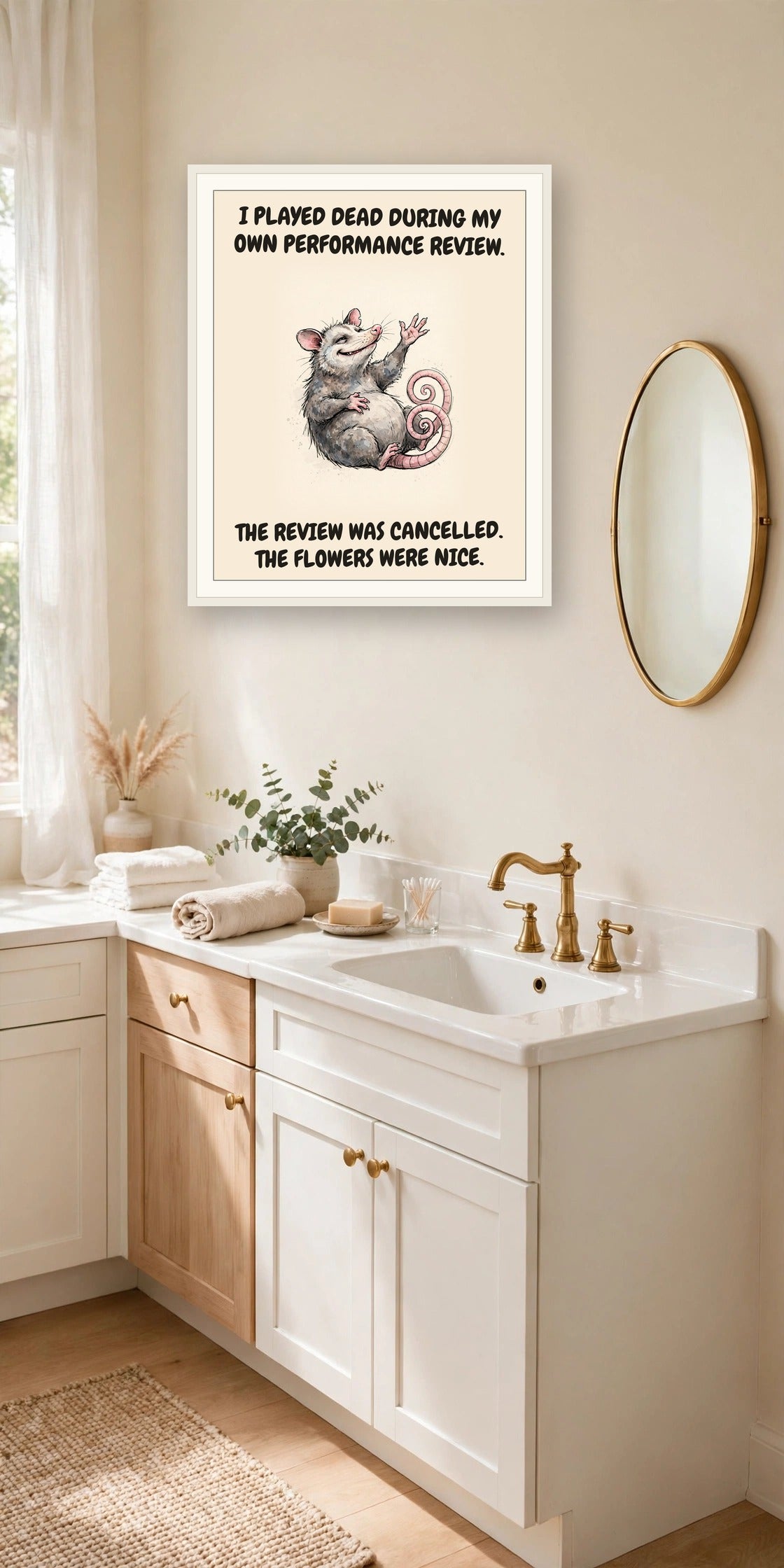 The same print shown hanging in an office — frame for display only, not included