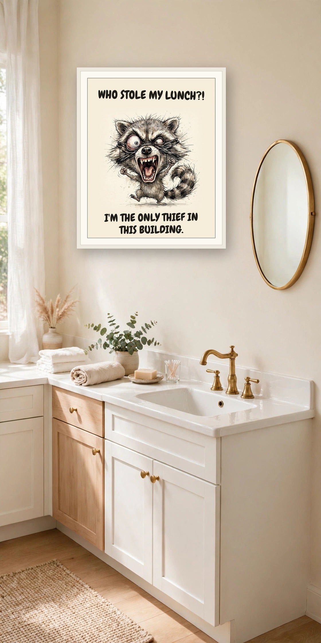 The same print shown hanging in an office — frame for display only, not included