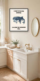 The same print shown hanging in a bathroom — frame for display only, not included