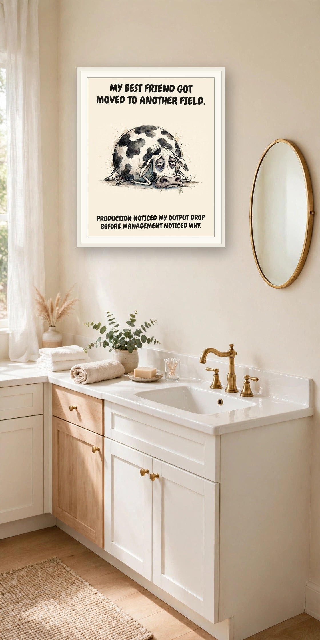The same print shown hanging in an office — frame for display only, not included