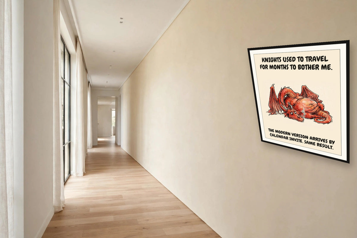 The same print shown hanging in an office — frame for display only, not included